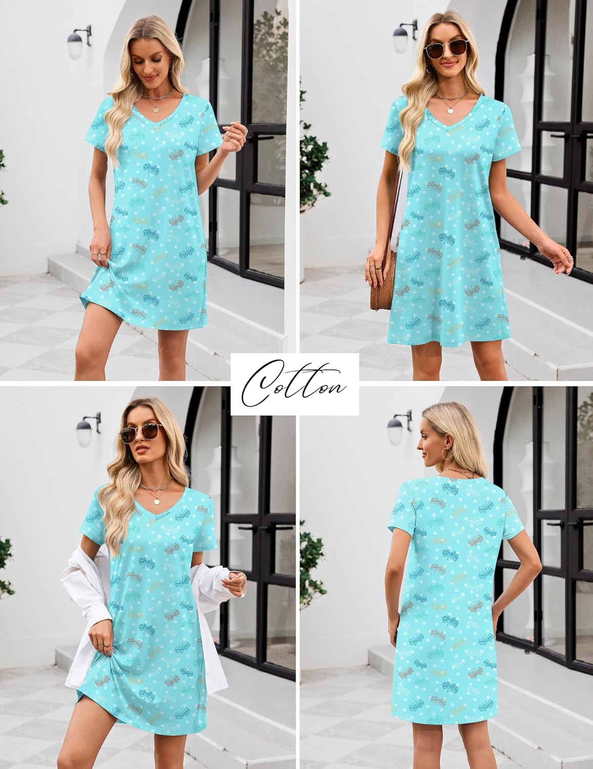 Ekouaer Cotton Nightgowns for Women Short Sleeve Womens Nightgown V Neck Sleep Shirts for Women - Image 5