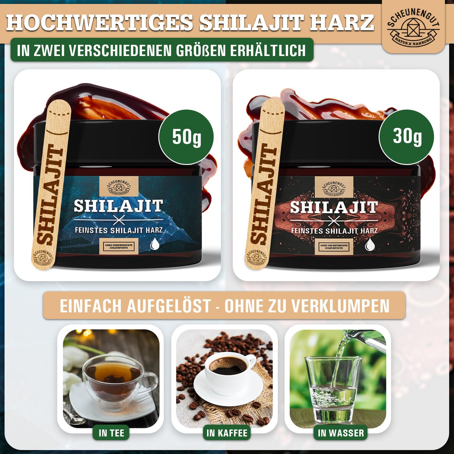 Shilajit Original Resin -WICHTIG: Zertifiziertes Shilajit Harz pur -50g- Herkunft 100% Himalaya aus Handernte +Dosierlöffel -Abfüllung in Deutschland- Laborgeprüft SCHEUNENGUT®