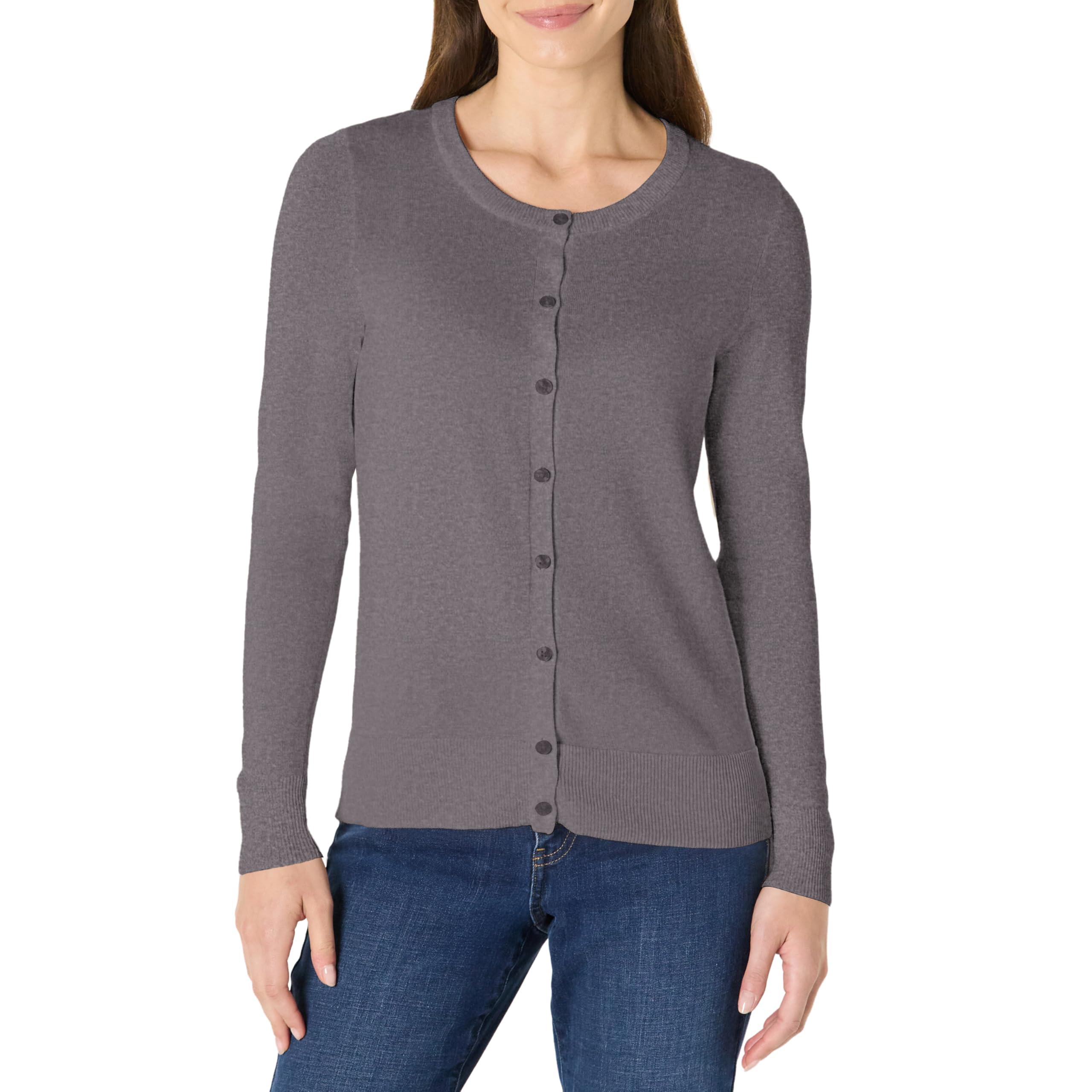 Amazon Essentials Women's Lightweight Crewneck Cardigan Jumper (Available in Plus Size), Charcoal Heather, L