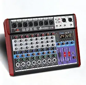 Mixer de Áudio de 8 Canais com Alimentação Fantasma de 48 V, Equalizador de 3 Bandas, 24 Efeitos DSP, Bluetooth 5.0 - Adequado para Gravação em Estúdio, Som ao Vivo, Shows em Palco e Karaokê