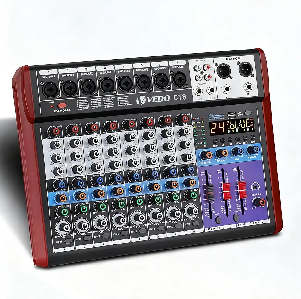 Mixer de Áudio de 8 Canais com Alimentação Fantasma de 48 V, Equalizador de 3 Bandas, 24 Efeitos DSP, Bluetooth 5.0 - Adequado para Gravação em Estúdio, Som ao Vivo, Shows em Palco e Karaokê