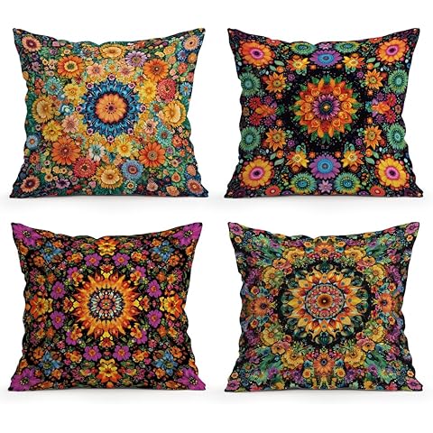 OBSEDE Boho Mandala Throw Pillow Covers 18x18 Set of 4, Vintage Floral Pillow Cases for Sofa Couch Living Room Decor