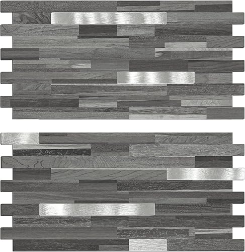Midcard 20 hojas para despegar y pegar, aspecto de madera negro y gris, PVC, mezcla de metal en azulejos de salpicadero para cocina