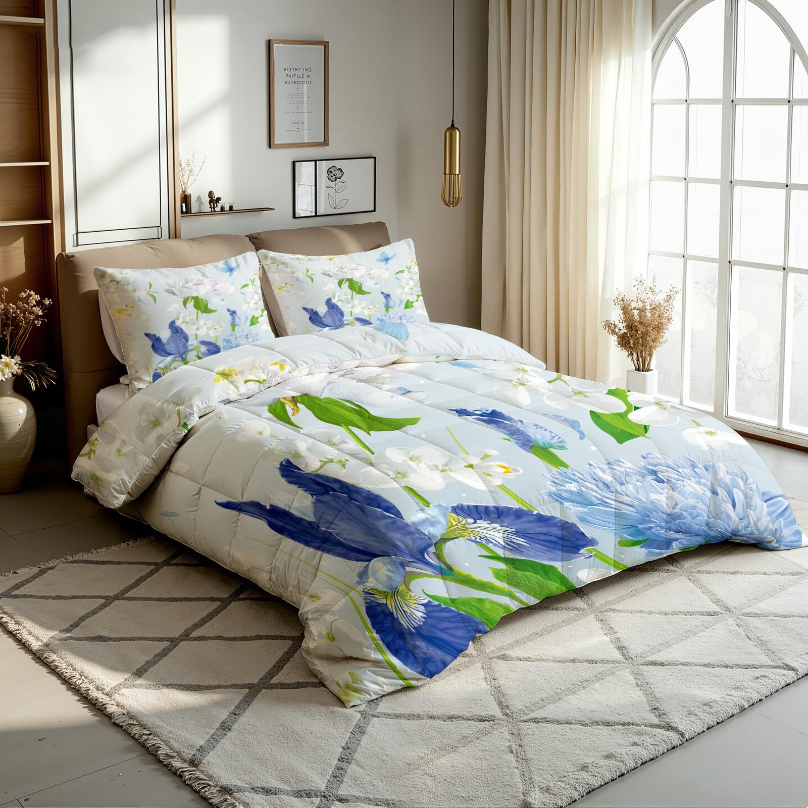 Iris Blumenmuster Bettdecke Ohne Bezug - Pflanzen Blumen Bettdecke 200x220 mit 2 Kissenbezug 80x80 cm - Waschbare Bettdecken Weich für 4 Jahreszeiten Duvet mit Reißverschluss