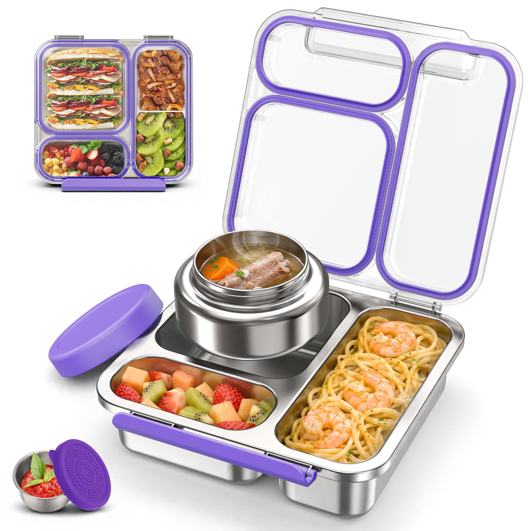 Stainless Steel Bento Box Kids Adult with 7oz Soup Thermo, Transparent Lid 3 Compartments…