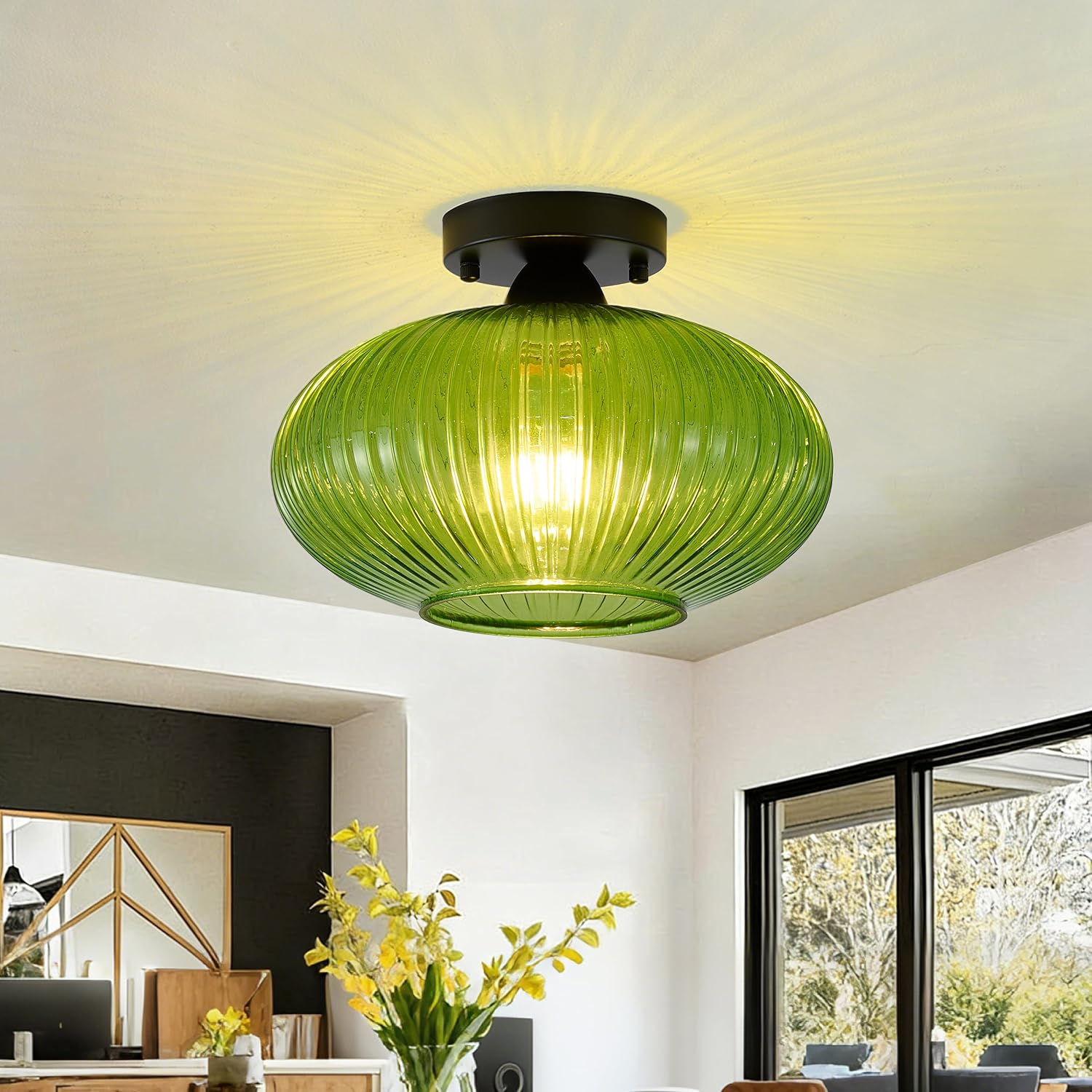 Green Vintage Glass Semi-Flush Ceiling Light - Mid Century Modern Art Deco Lighting Fixture for Hallway, Kitchen, Dining Room, Entryway, Foyer, Porch, Laundry Room