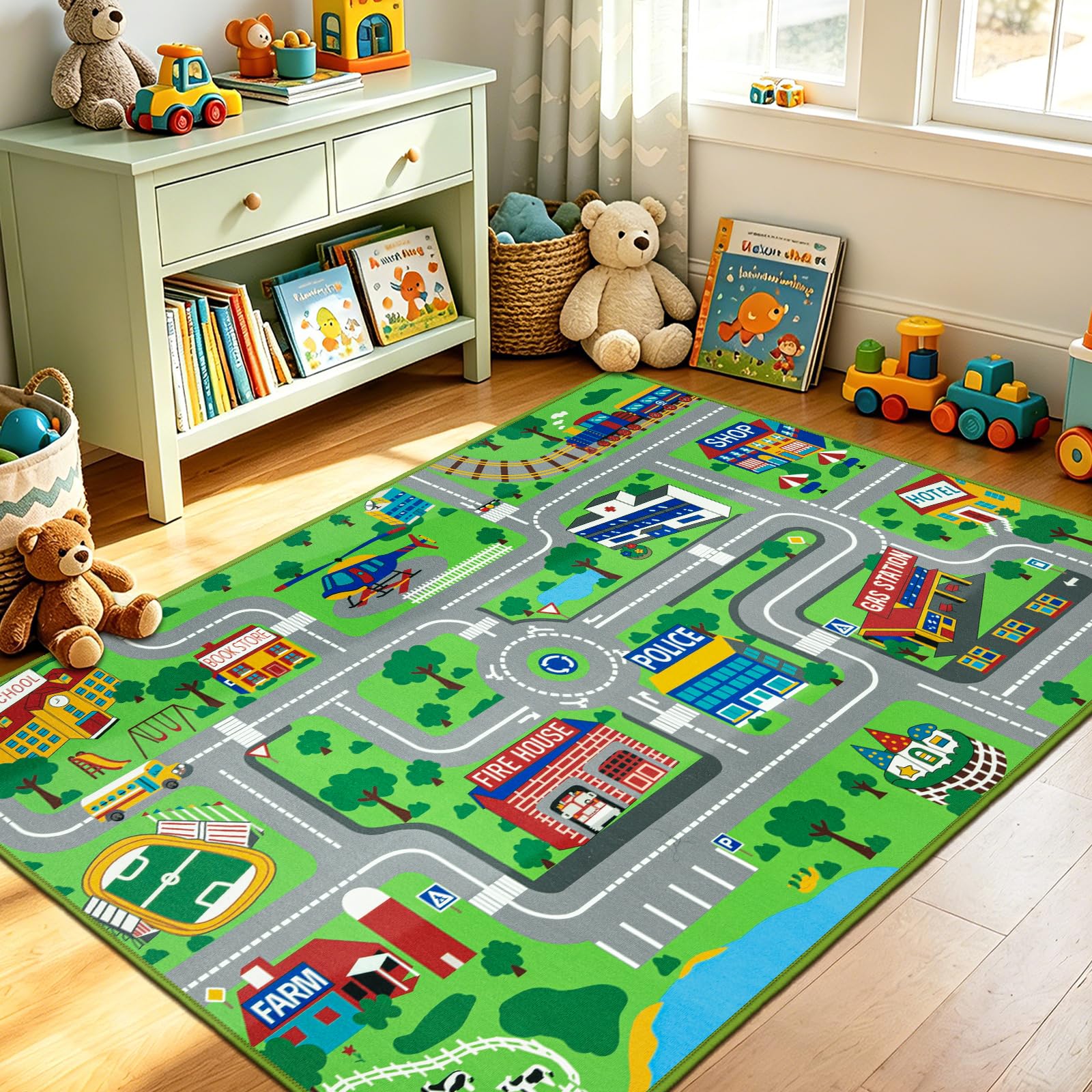 Capslpad Alfombra infantil de juego para niños de ciudad, 160 x 100 cm, antideslizante, lavable a máquina, pelo corto, alfombra de juegos educativa, para habitación de niños, sala de juegos,