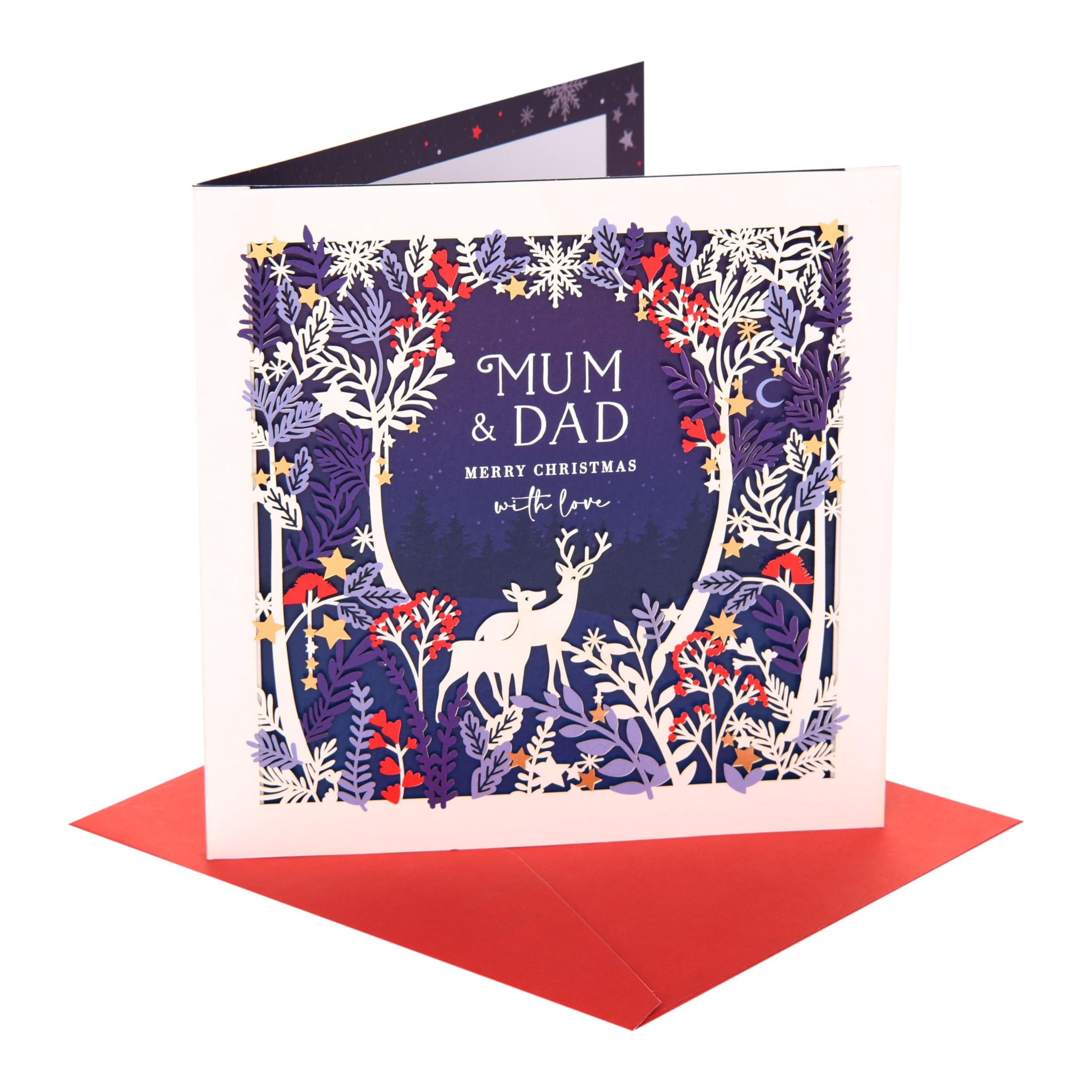 UK Greetings | Christmas Card for Mum & Dad | Xmas Presents | Her/Him | Deers in woodland | With Envelope | 17.6 x 17.6 cm
