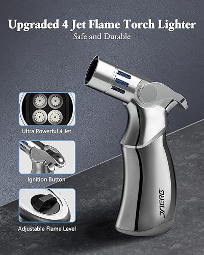 Miniatura 2 de Encendedor de antorcha, ajustable de 4 chorros de llama recargable, encendedor de combustible de butano, a prueba de viento, mini antorcha de butano