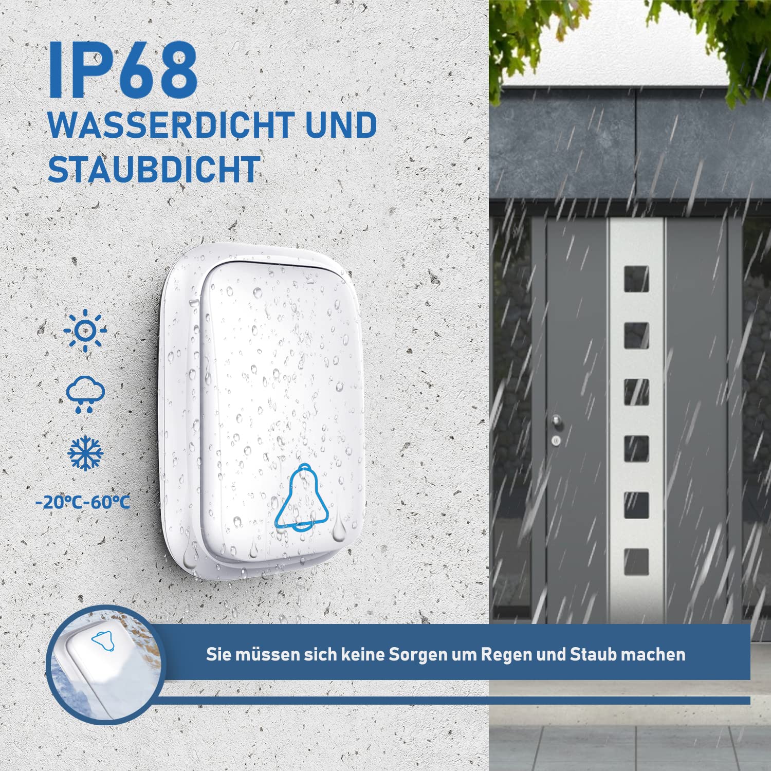 Timbre de puerta sin batería para exterior, impermeable, con 2 receptores, IP68, impermeable, inalámbrico, alcance de 150 m, 4 niveles de volumen, 37 tonos, sin batería, color blanco