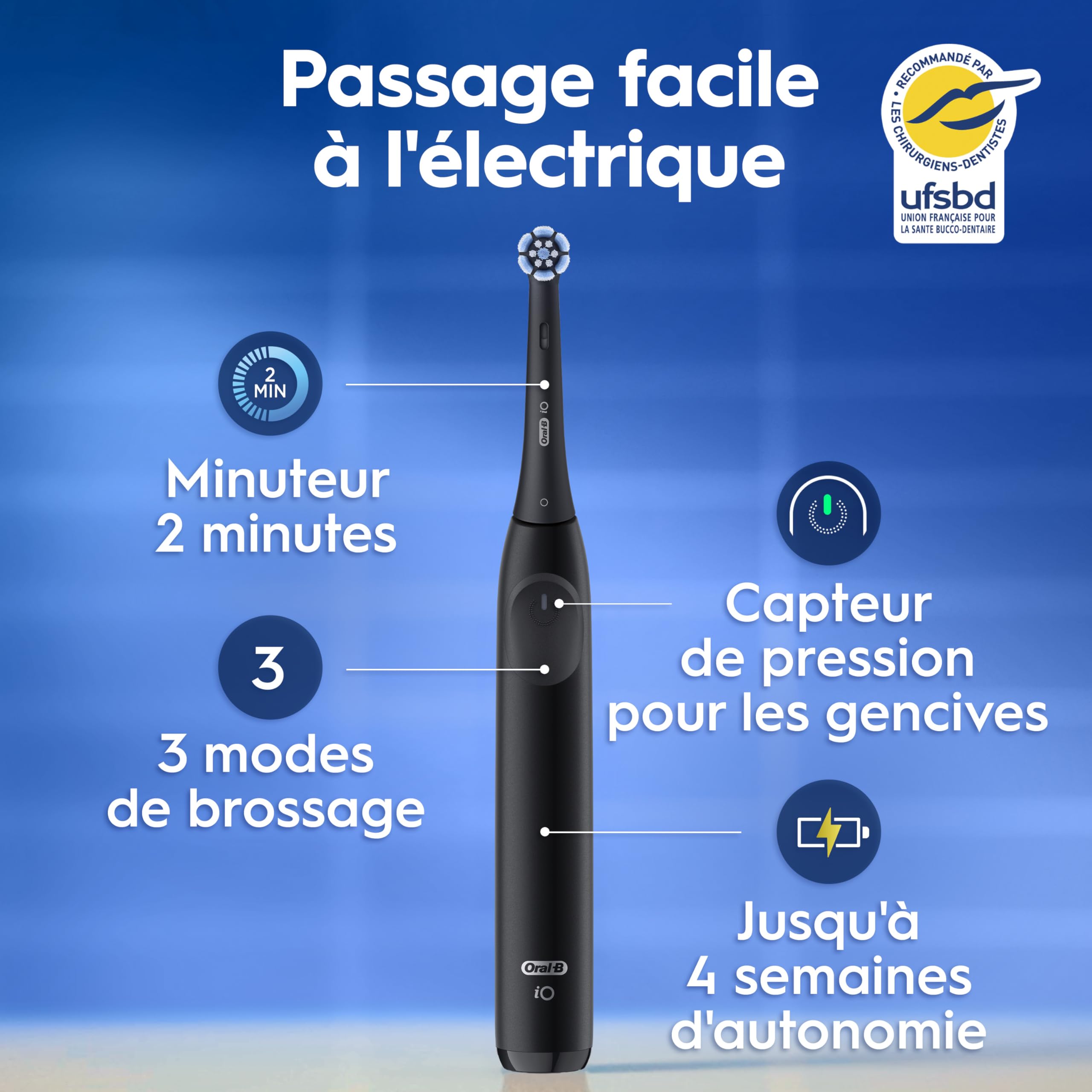 Oral-B Brosse à Dents Electrique iO 2 avec 1 Brossette de Rechange, Noire – 3 Modes de Brossage dont Douceur, Capteur de Pression sur les Gencives, Batterie Rechargeable, Silencieuse