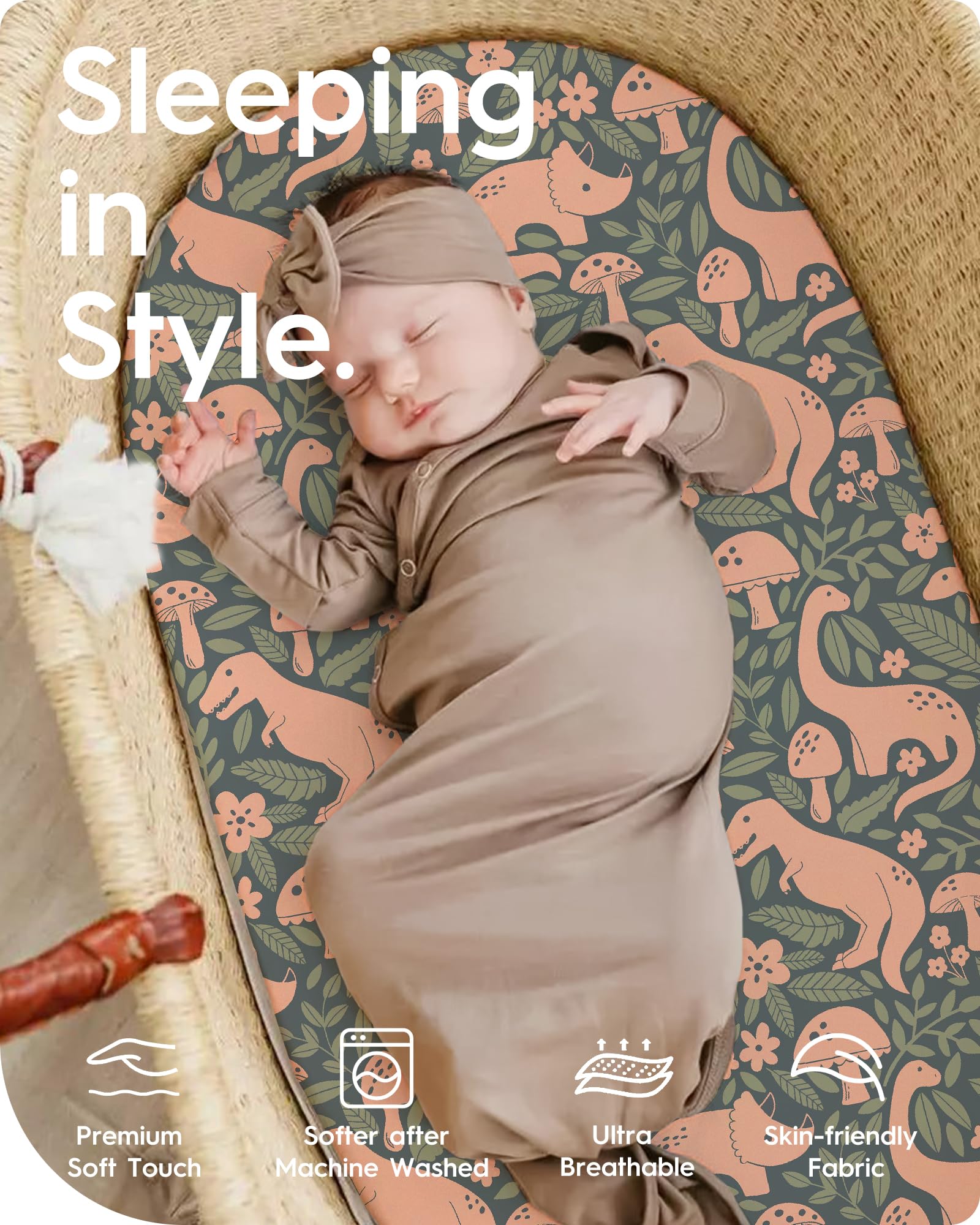 Weiches und weiches Universal-Spannbettlaken für Babys für Jungen und Mädchen, kompatibel mit Halo, Mika Micky, Baby Delight, Dream On Me, Maxi COSI und mehr (rosa Dinosaurier)