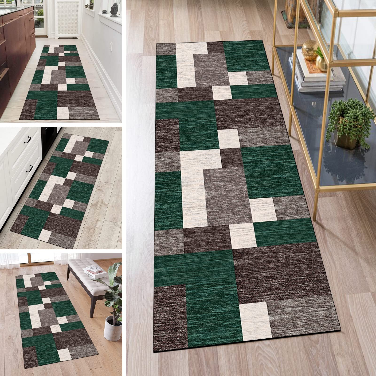 Tappeto per corridoio, antiscivolo, verde, marrone, 2'3 x 5,9 cm, patchwork, lavabile, decorazione per la casa, per cucina, corridoio, soggiorno, porta con retro in gomma, larghezza 40-120 cm