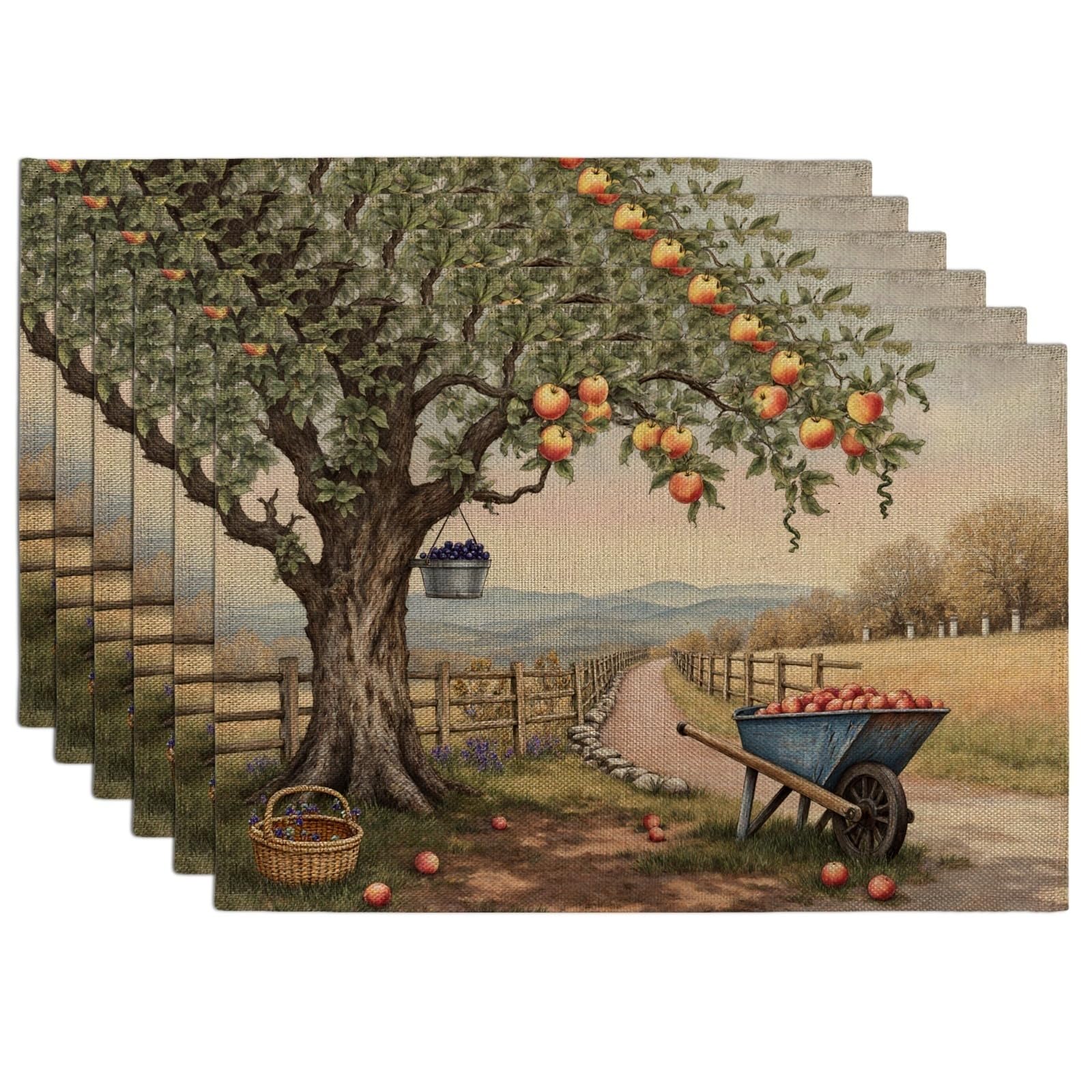 Fruits Tree Placemats, Rustic Farmhouse Country Style Table Mats for Dining, Autumn Harvest Non-Slip Washable Indoor Outdoor Kitchen Decorative Placemat Set of 6