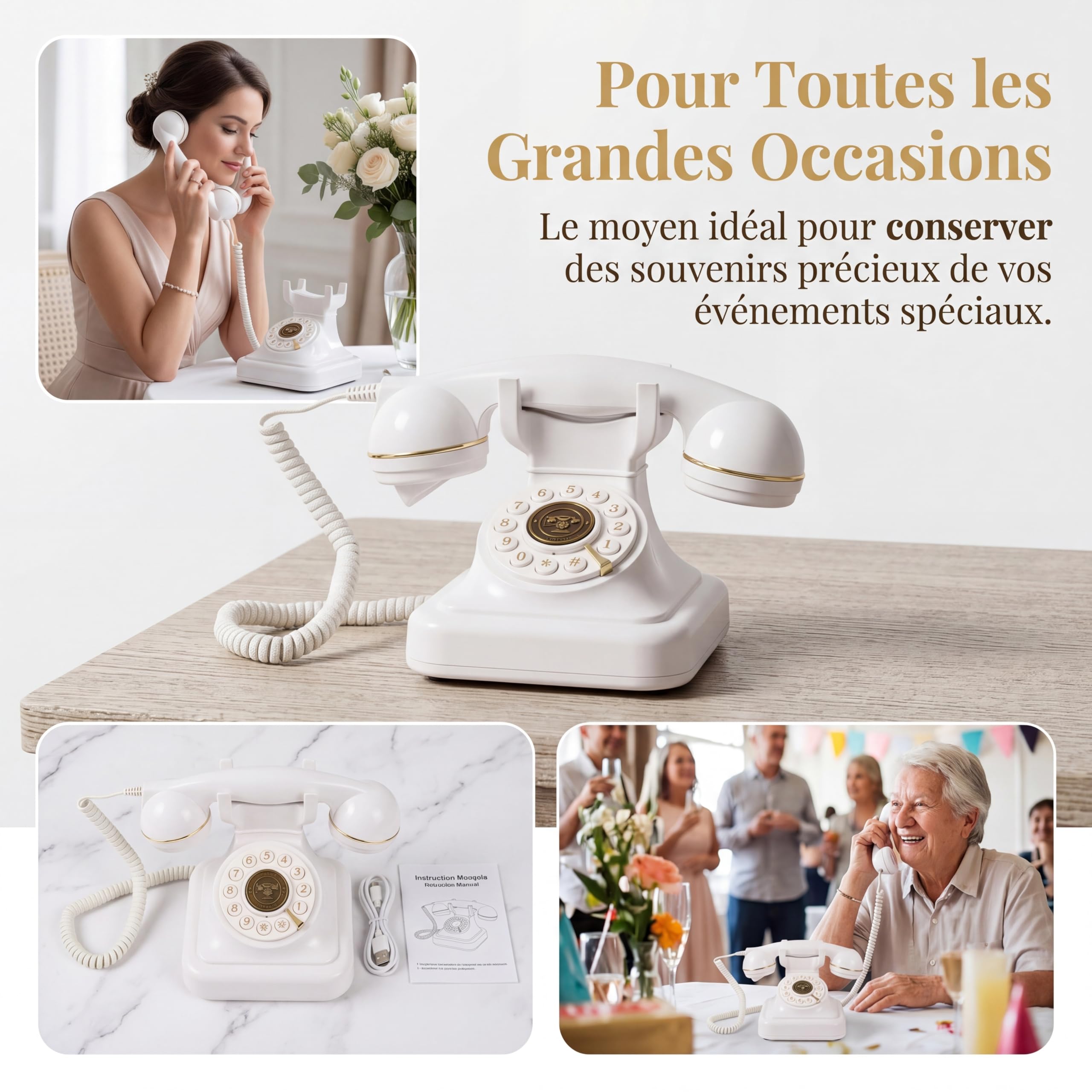 Livre Audio pour Mariage, téléphone au Design Vintage, enregistreur téléphonique, Laissant Un Message Vocal, téléphone Fixe pour Les Occasions, Téléphone de Livre d'or Audio de Mariage, Blanc