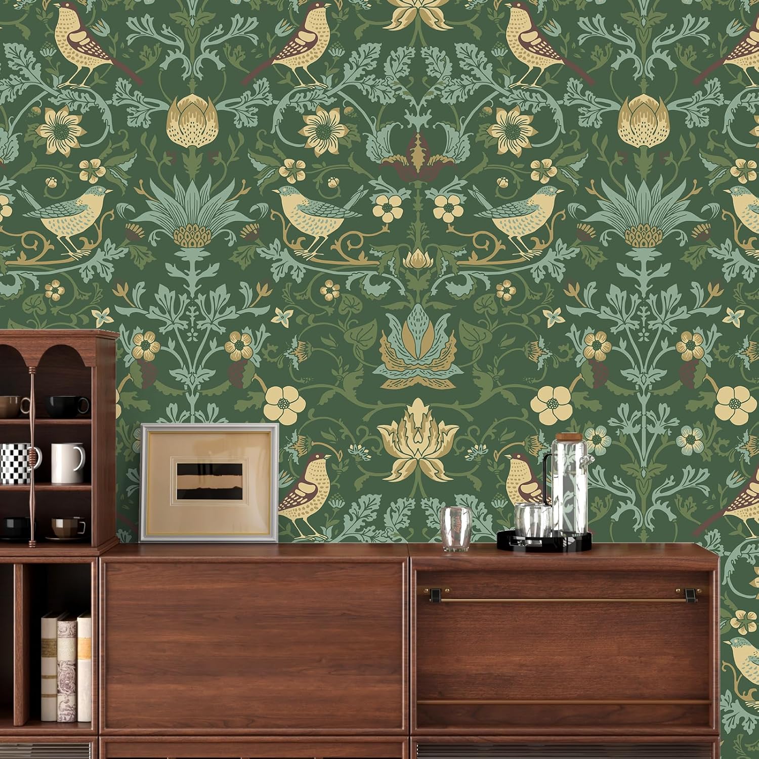 Green William Morris Wallpaper Vintage Floral Wallpaper Peel and Stick for Bedroom Nursery Walls 17.5"x102" Birds Floral Contact Paper Self Adhesive Removable for Cabinets Drawer Liner