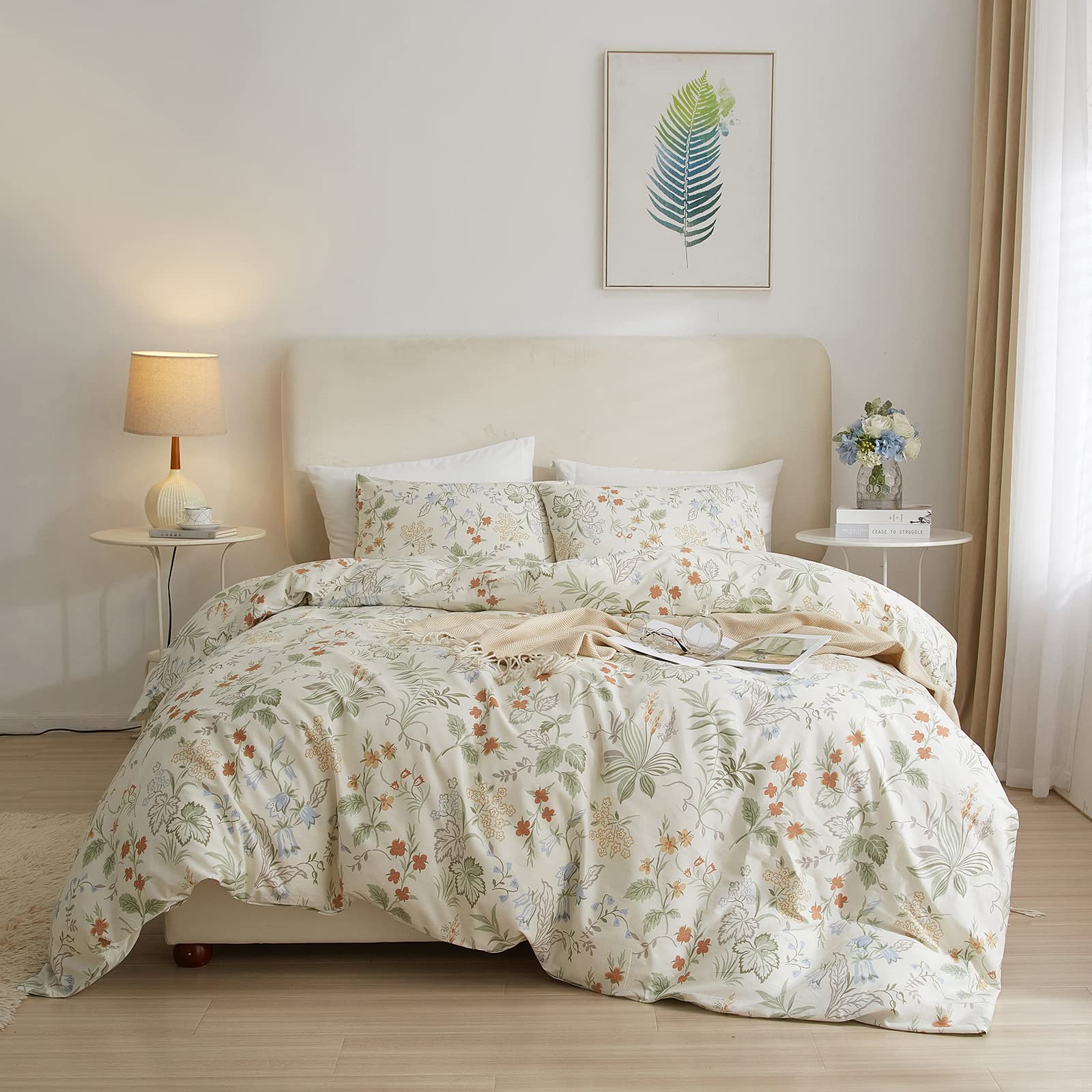 mixinni Floral Duvet Covers Queen Size Botanical Flower Leaf Printed on White Bedding Duvet Cover Set with Zipper Closure Ties for Him and Her 1 Duvet Cover with 2 Pillowcases-(3pcs, Queen Size) — image 1