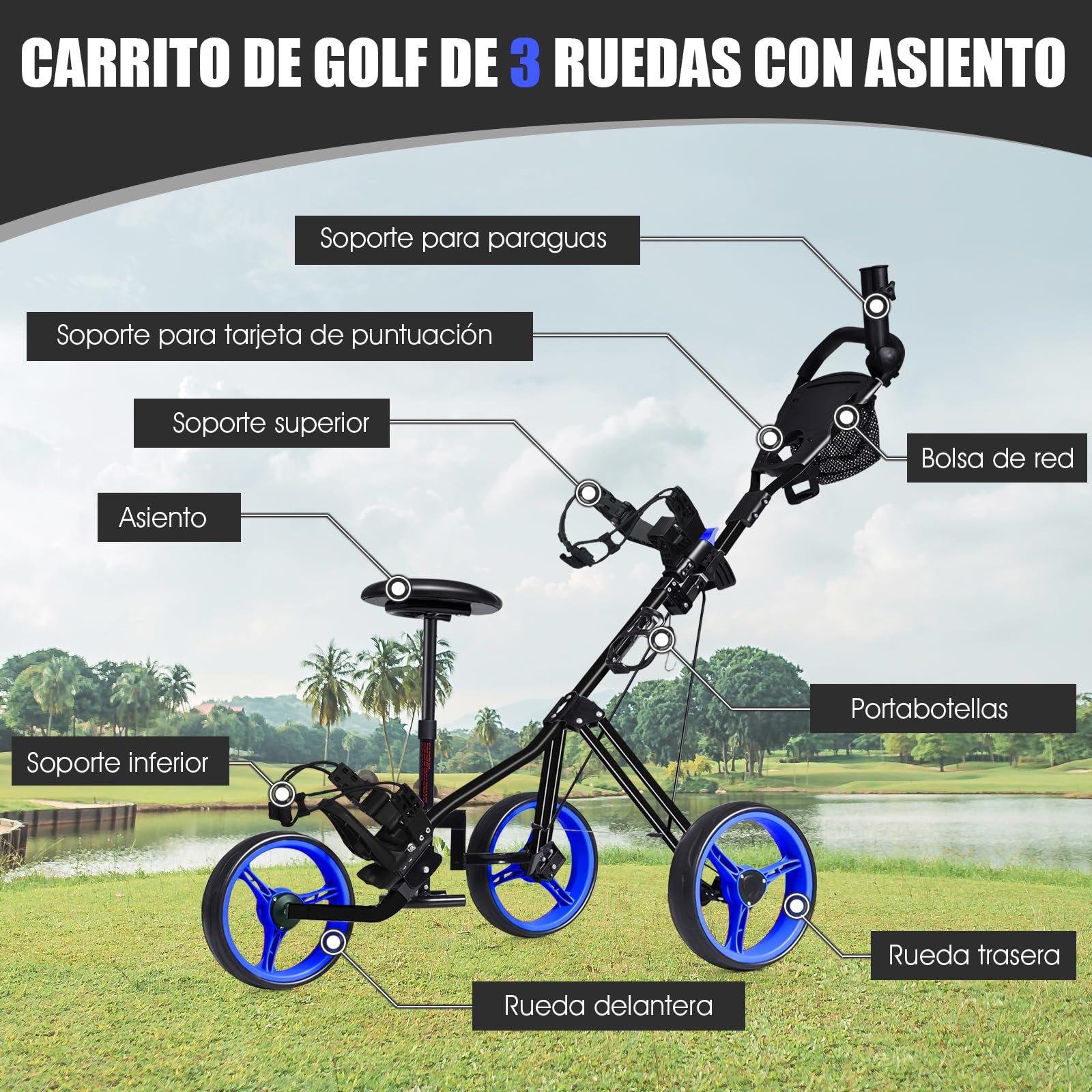 COSTWAY Carrito de Golf, Carrito de Golf Plegable con 3 Ruedas y Asiento, Mango de Altura Ajustable, Marcador, Portavasos, Paragüero, Freno de Pie, Ruedas Extraíbles