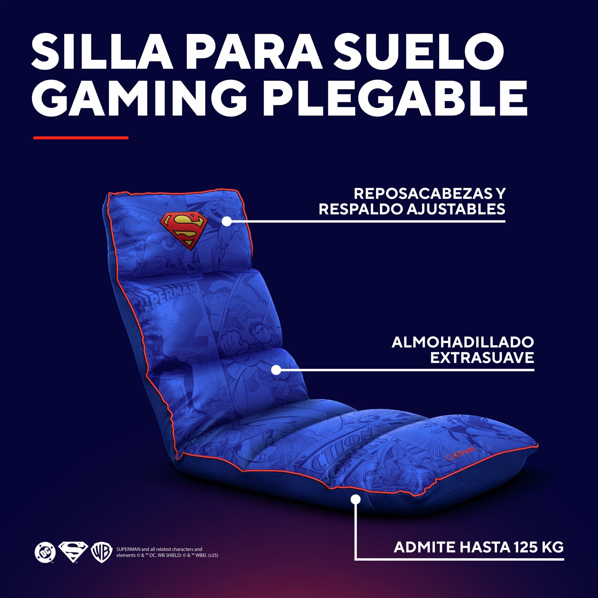 GXTrust 718SM Rayzee Silla Gaming Plegable con Licencia Superman, Cojin de Suelo para Consolas, Respaldo Ajustable, Peso de hasta 125 kg, Silla Gamer para Niño Juegos Lectura Relax TV, Azul