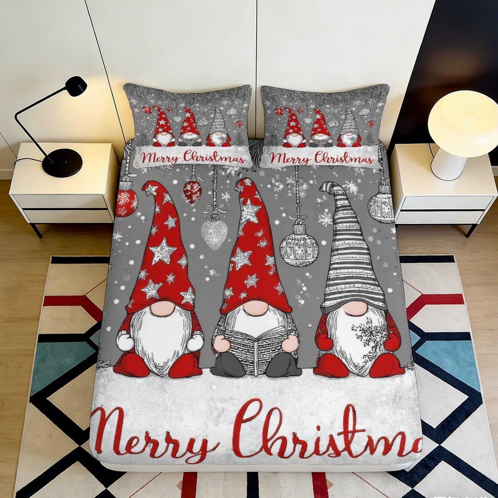 3D Printed Christmas Gnome Fitted Sheet Microfiber Red Grey Bed Sheet for Bedroom Adult Teen Dorm Soft Decorative 90x200x25cm
