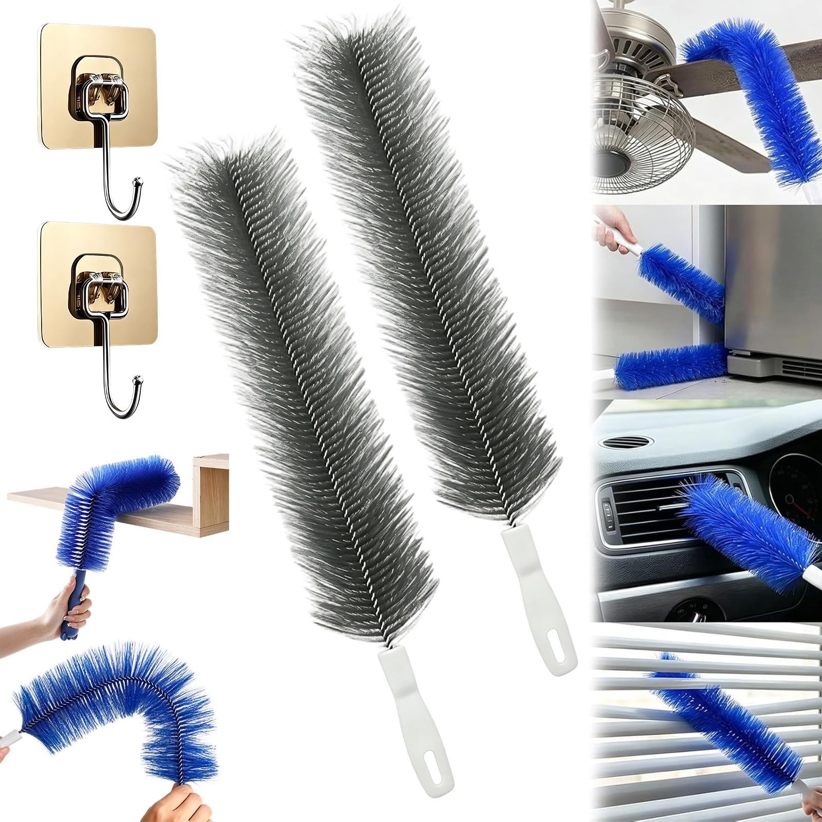Bendable Microfiber Head, Cobweb Duster, Ceiling Fan Cleaner Duster with Flexible Head, Fan Cleaner Brush Reusable Dust Remover Washable for Electric Fans, Air Conditioning, Car Vents (2grey)