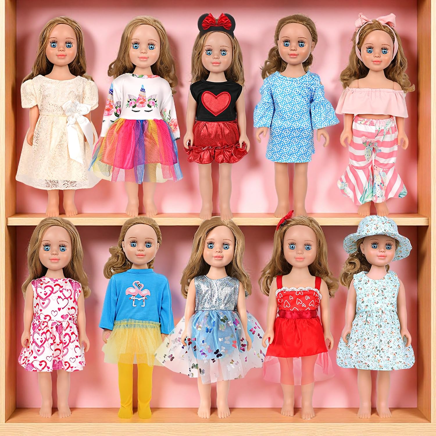 MSYO 10Pcs Doll Clothes,18 Inch Doll Clothes,Baby Doll Clothes,for 16-18 Inch Girl Dolls,Lace Dresses,Print Outfits,Casual Tops,Heart Print Clothes,Floral Sets,Multi-Style Doll Clothing Accessories