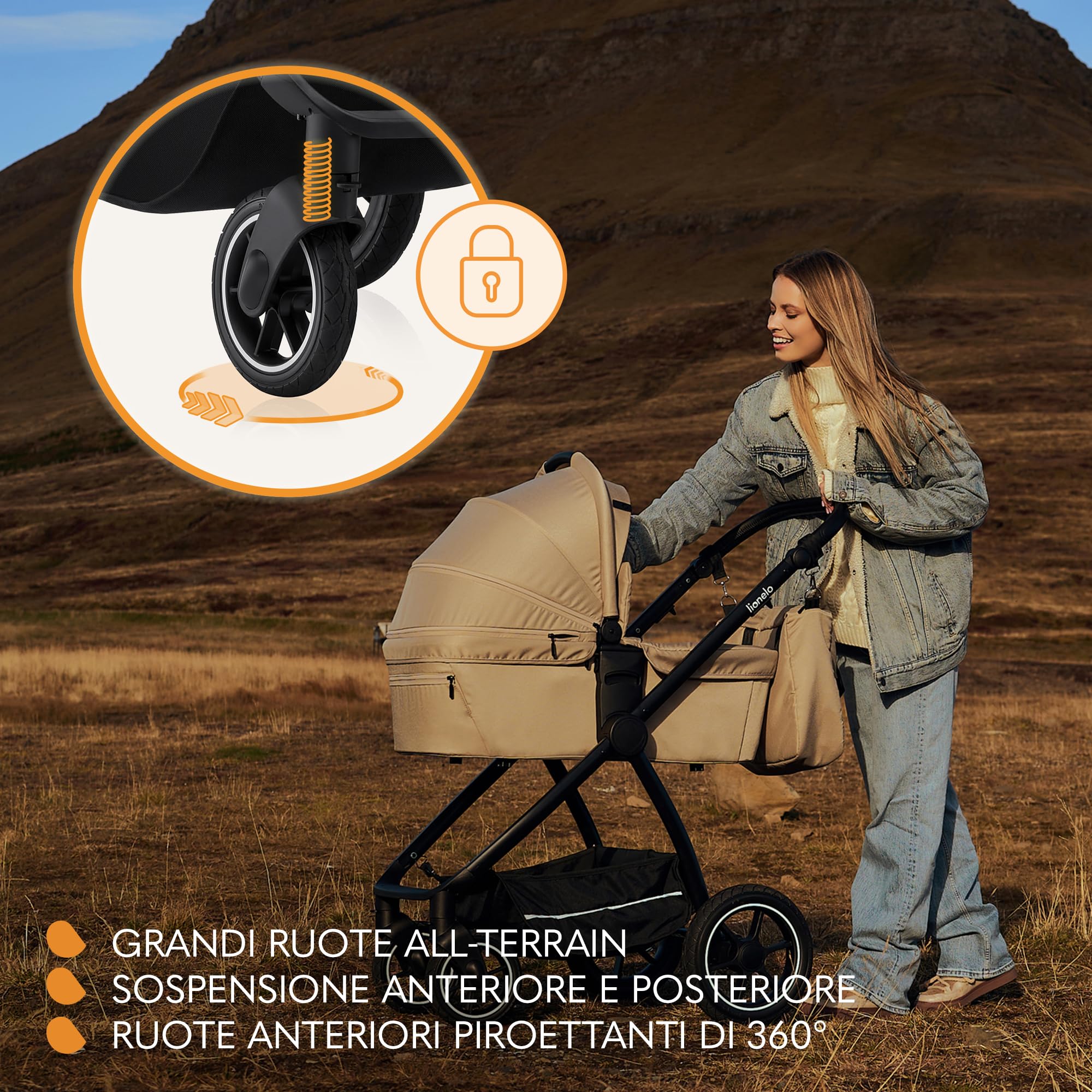 LIONELO Meril Carrozzina e Passeggino 2 in 1 con Navicella XXL 0-48 Mesi | Fino a 22 kg, Navicella fino a 9 kg, Ruote All-Terrain 360°, Schienale Reclinabile, Sospensioni e Cappottina XXL