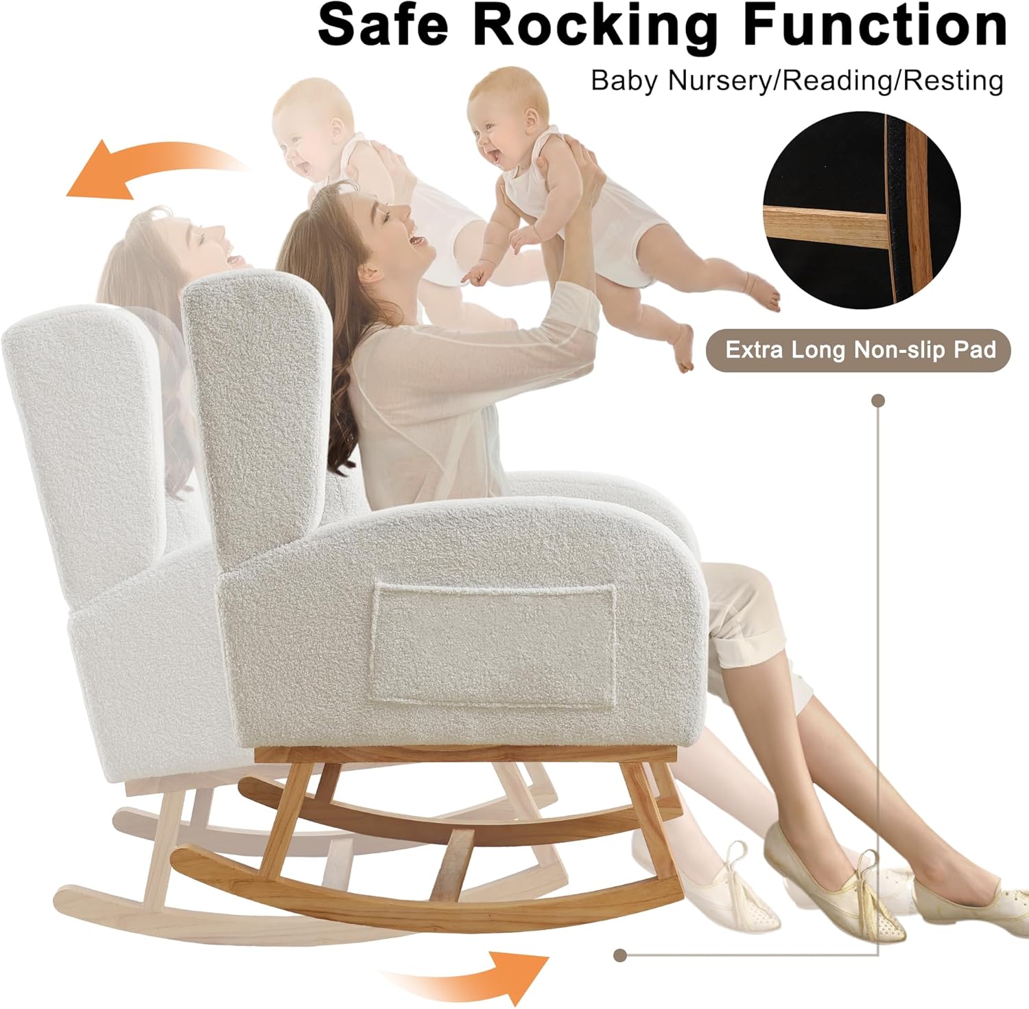 Nursery Rocking Chair,Wingback Nursery Rocking Chairs,Nursing Glider Rocker Chair with High Back for Living Room Bedroom(Teddy White)