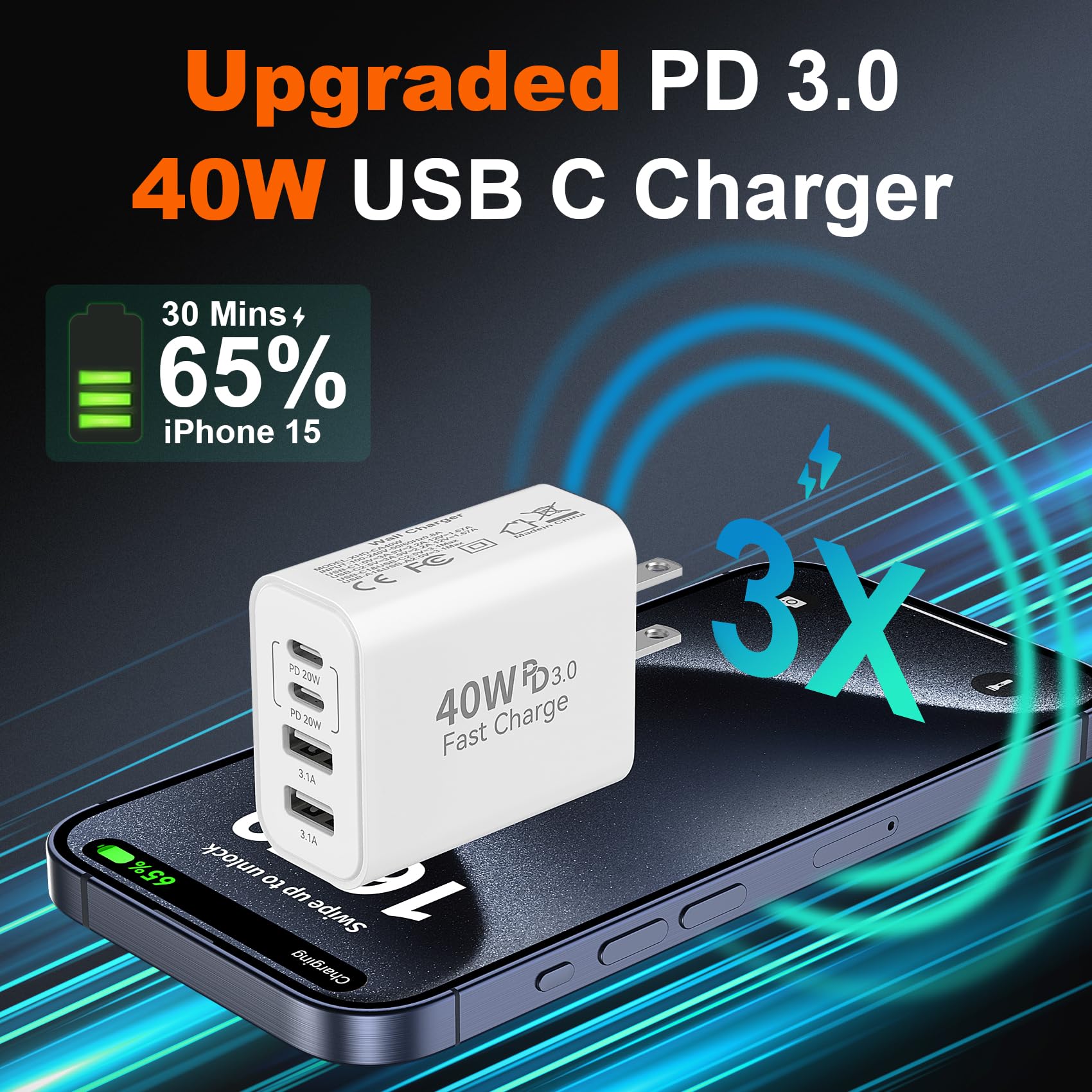 40W USB C Charger Block, 4-Port Type C Fast Charging Block Dual PD&QC Wall Plug Power Adapter with USB C to C Charging Cables for iPhone 15/15 Pro/ 15 Pro Max/14/13/12, Samsung Galaxy S24 Series