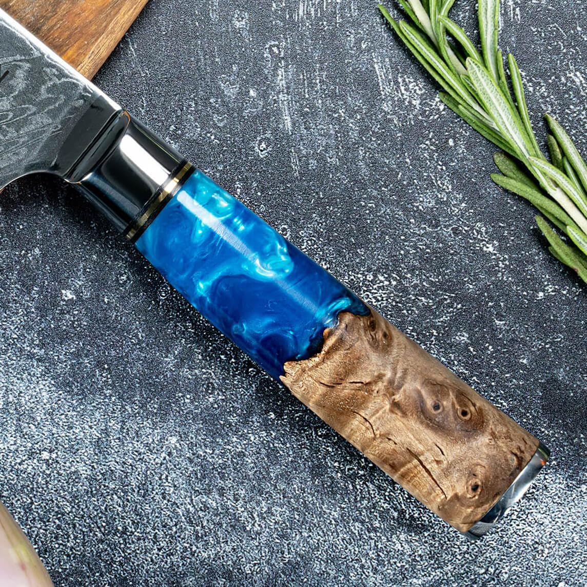 SENKEN Damascus Steel Paring Knife - Tsunami Collection - 67-Layer Japanese VG10 Steel Core - Unique Blue Resin & Natural Wood Handle, Razor Sharp, Beautiful Damascus Wave Pattern (3.5" Paring Knife)