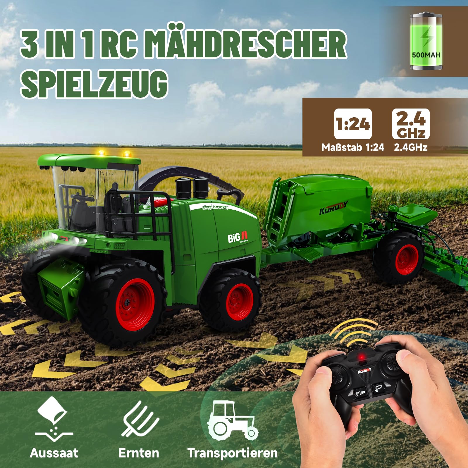 Ulikey RC Mähdrescher Spielzeug, Mähdrescher Ferngesteuert Groß, RC Traktor Spielzeug Kinder Rasenmaeher mit Anhänger, Sprühen, Licht und Ton, Harvester Bauernhof Fahrzeug Spielzeug ab 3 4 5 6 Jahre