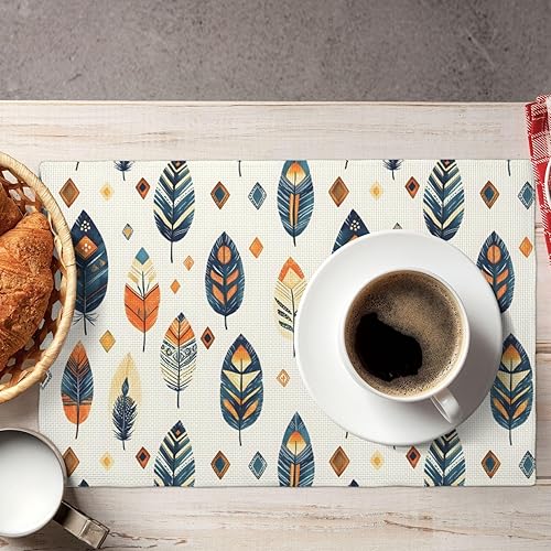 Miniatura 5 de Dining Table Placemats Set of 4-12x18 Inch Feather Leaves Colorful Print Faux Linen Double Heat Resistant Place Mats, Kitchen Table Mats, Wipeable