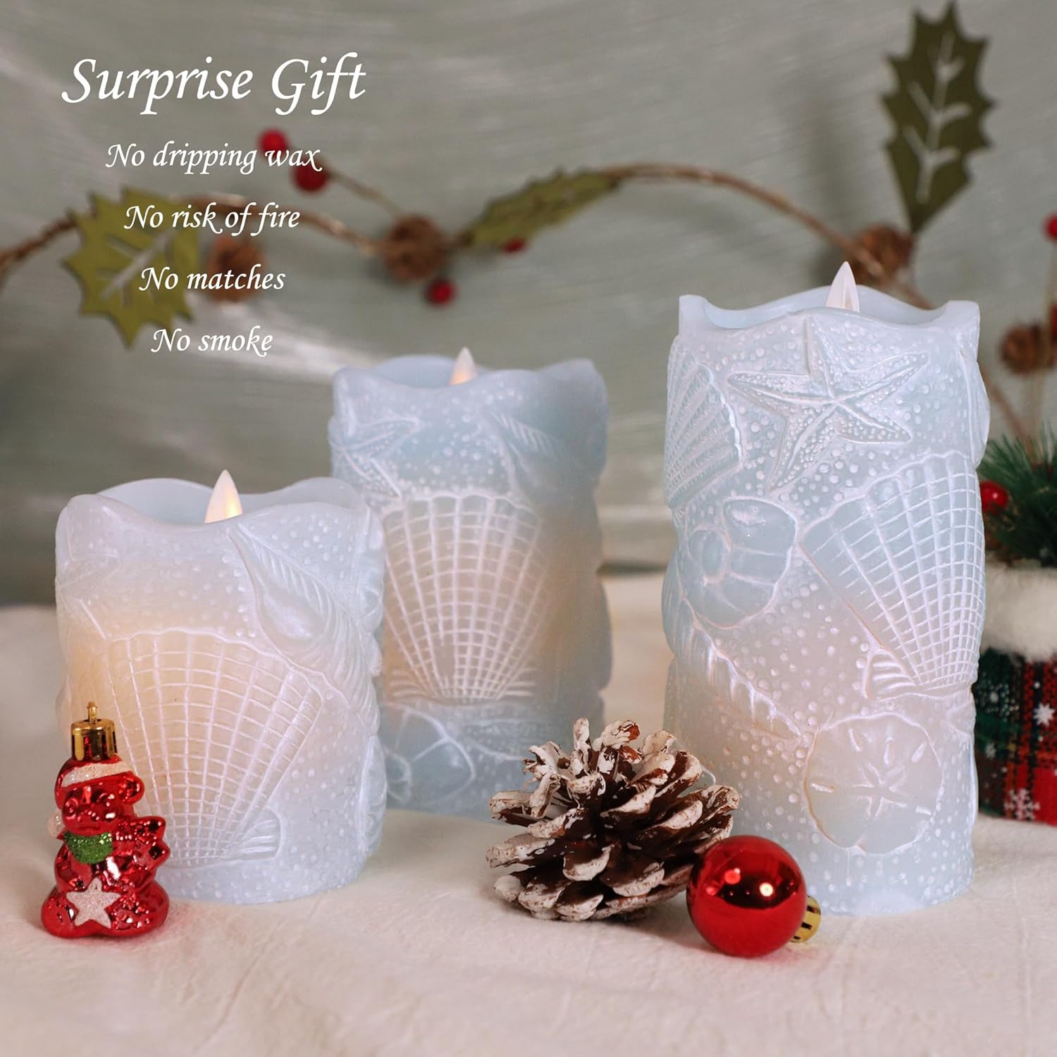 Silverstro Ocean Flameless Candles Remote Carved Seashell Real Wax Flicker Battery Operated Candles for Home Party Wedding Nautical Thanksgiving Christmas Easter Decor - Set of 3(Blue)