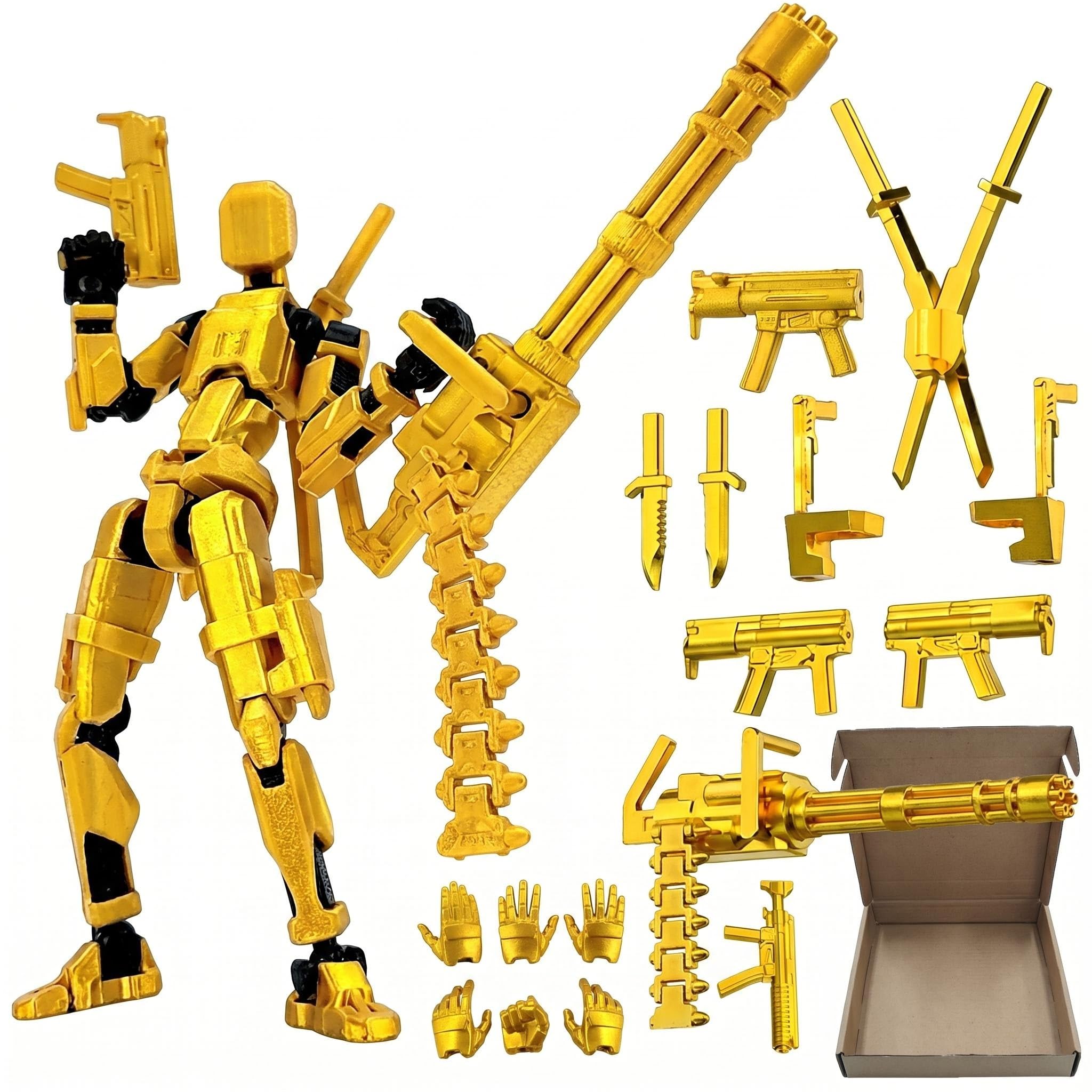 Copbopwn Titan 13 Action Figure 3D Printed Multi-Jointed Dummy 13 Poseable Robot Model with Gatling Gun Lucky 13 Action Figure Robot Assembled Desktop Decoration Office Home Gift for Adults (Gold)