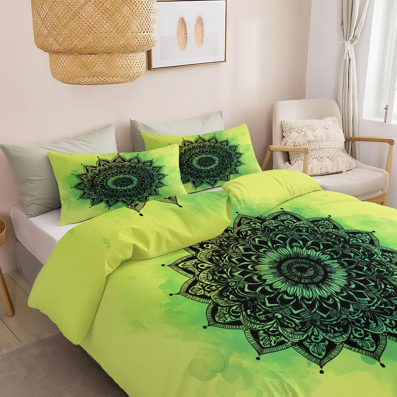 Zestaw pościeli dla dorosłych 200 x 200 cm poszewka na kołdrę z nadrukiem nowoczesna mandala kwiat, zielona oddychająca poszwa na kołdrę - lekka i cienka poszewka na kołdrę z nadrukiem zestaw pościeli