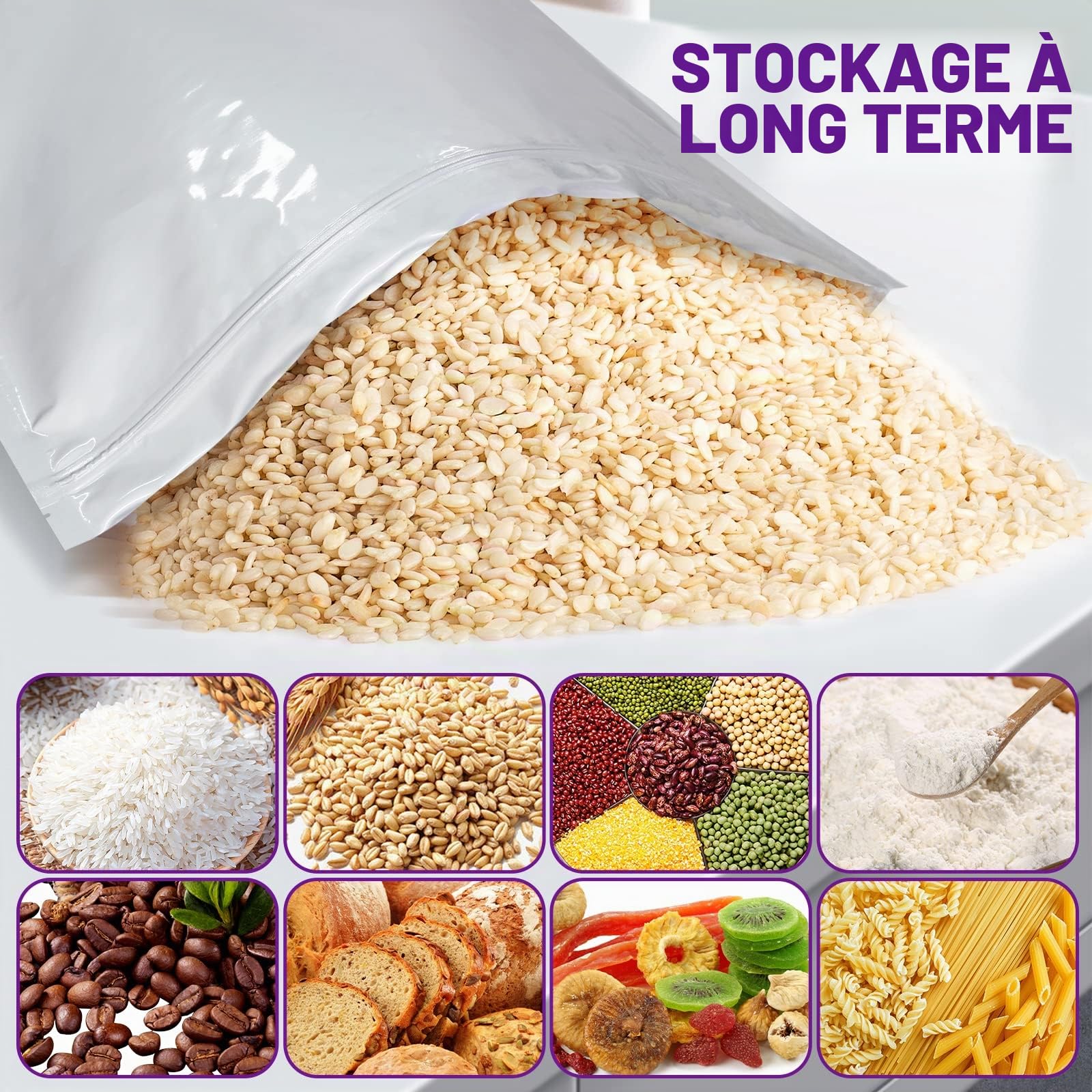 Sacs Mylar Pour Le Stockage à Long Terme Conservation Des Aliments 5 Gallon, 43.5 x 71 CM, 8,6 Mil, Sacs Mylar Avec Absorbeurs d'Oxygène, 40000 CC, Thermosoudable, Fermeture Éclair, 15 Pièces