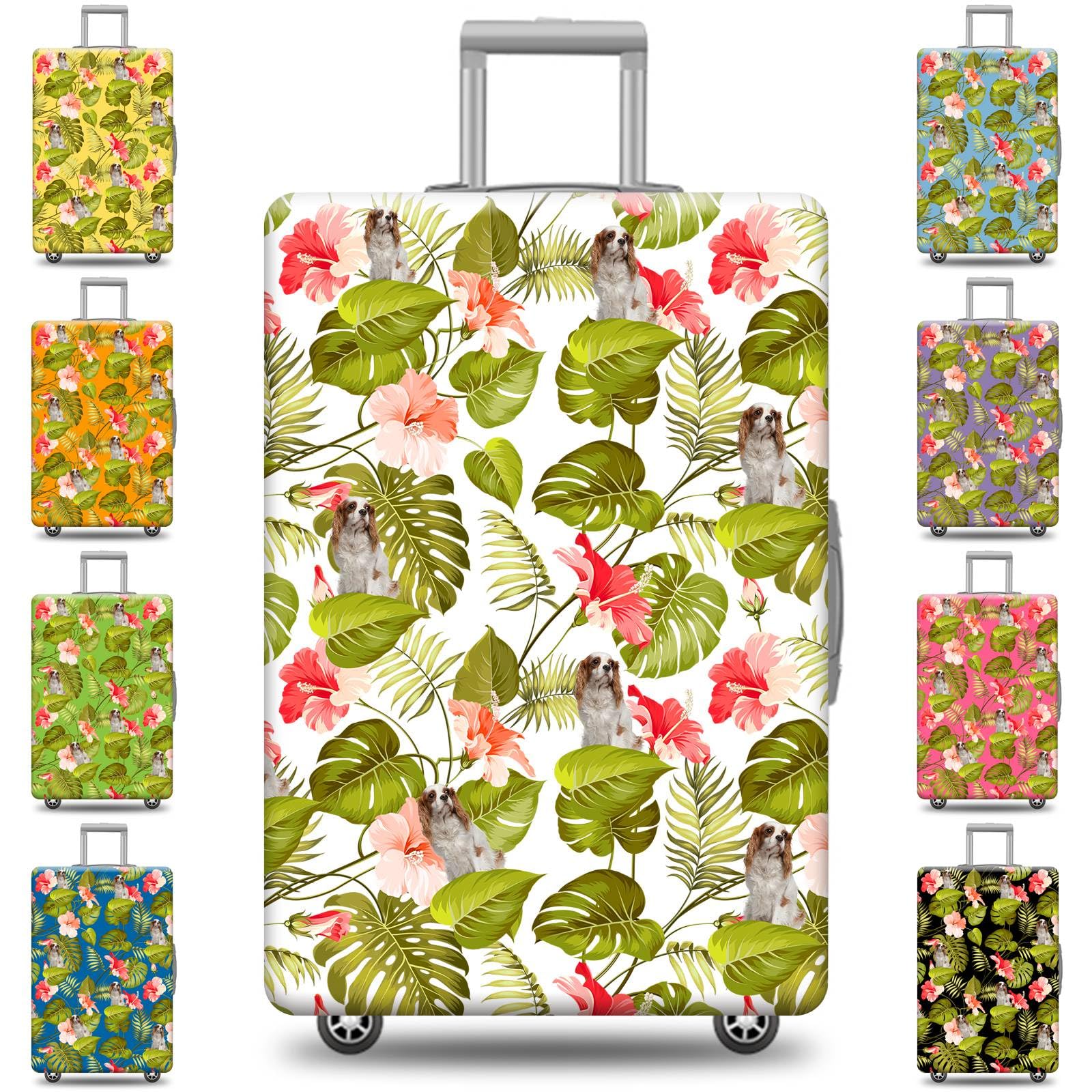 Cavalier?King?Charles?Spaniel Dog Hawaiian Luggage Cover Red Flowers Palm Leaves Tropical Plants Turtle Leaf Suitcase Cover Fit 18-32 Inch Suitcase Protector Personalized Multi Colors