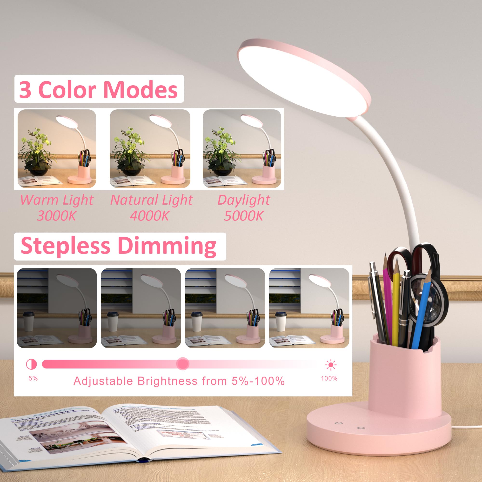 Schreibtischlampe, LED-Schreibtischlampen für Heimbüro, Touch-Tischlampe mit 3 Farbmodi, 360° verstellbarer Arm, dimmbare Schreibtischlampe mit Stifthalter, für Studentenwohnheim, Rosa