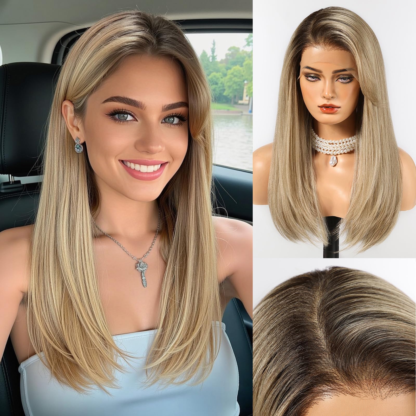 HAIRCUBE 13x6 HD Transparent Lace Front Wig, Ash Blonde Long Straight Synthetic Wig Glueless Wig with Natural Density Hairline & Adjustable Cap #TT4/613/188
