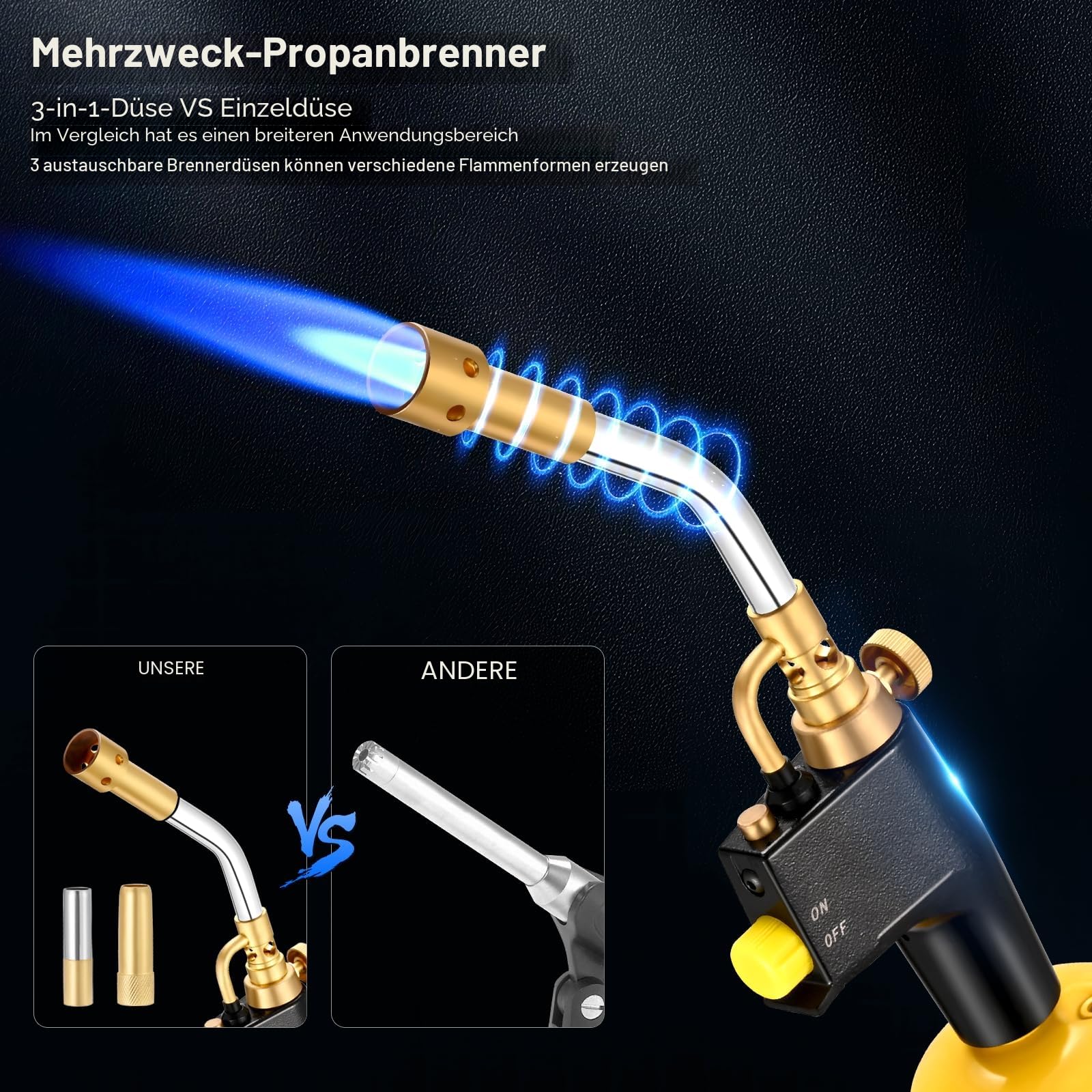 Hochintensität Propan Torch Kit GJ-8000 Abzugsstart-Mapp-Gasbrenner mit Selbstzündung und Messingknopf-Schweißbrenner mit 3 Düsen für MAPP CGA600-Gewindeanschluss