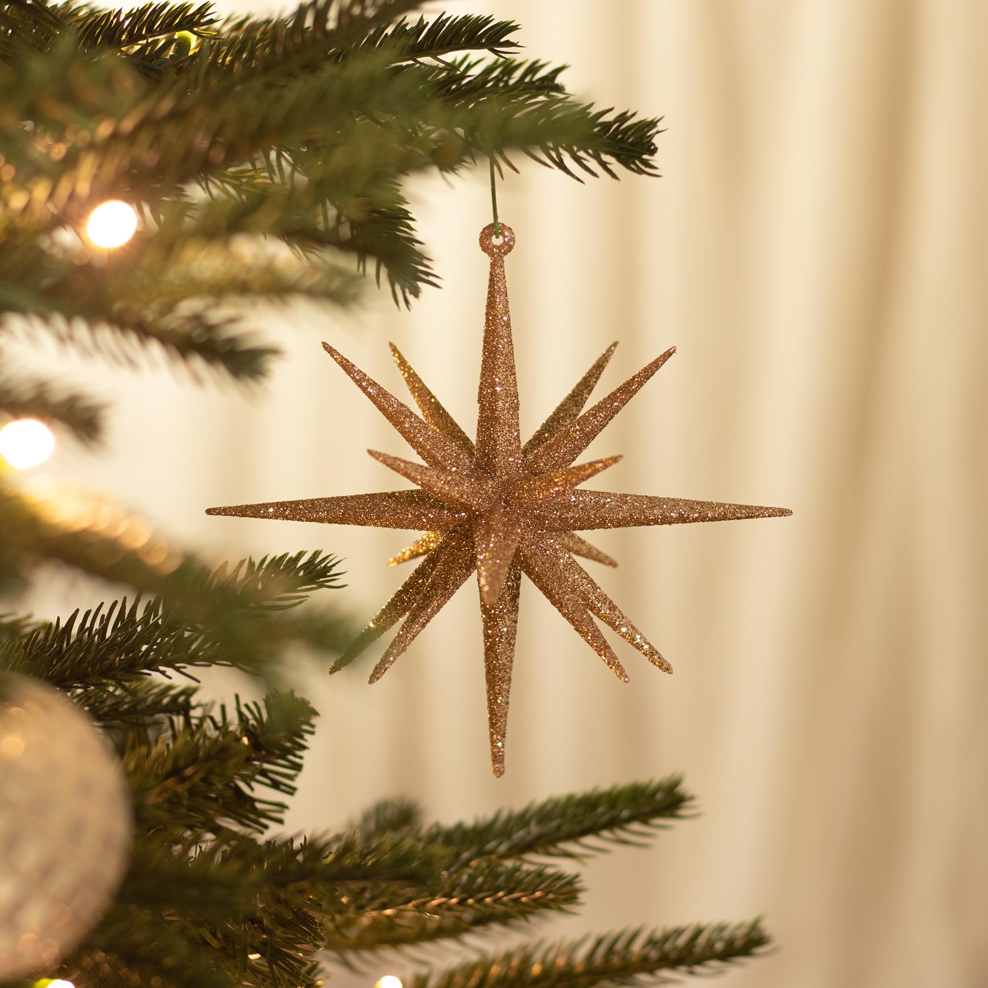 KI Store Adornos colgantes 3D de estrella de 15,2 cm, juego de 4 adornos de árbol de Navidad grandes con purpurina (oro champán)