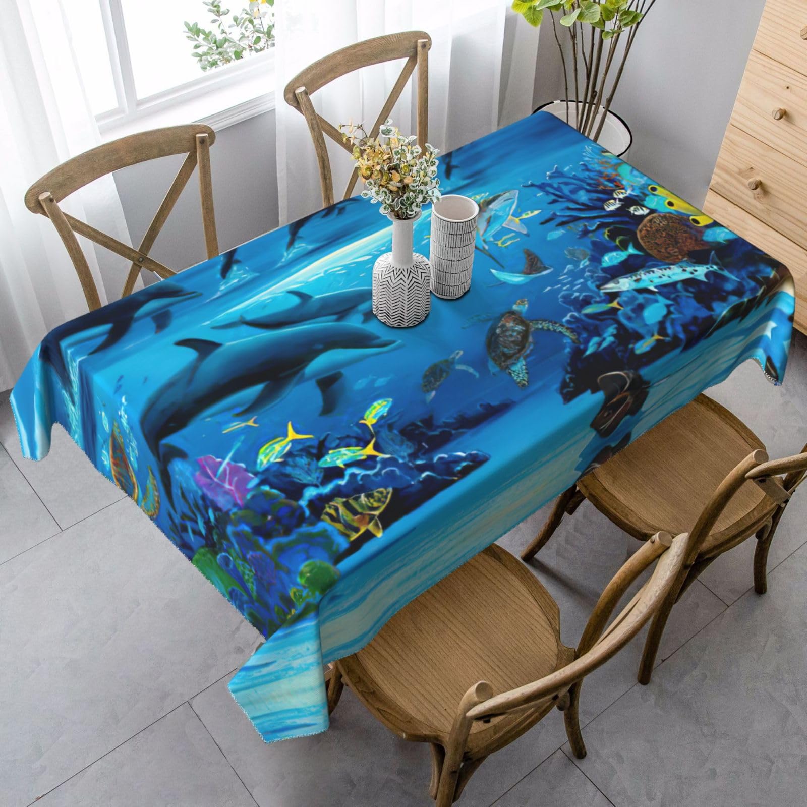 yagDAA Sea Dolphin Print Rectangle Tablecloth Table Cover Indoor Outdoor Dining Room Kitchen Table Cloth 140x90cm
