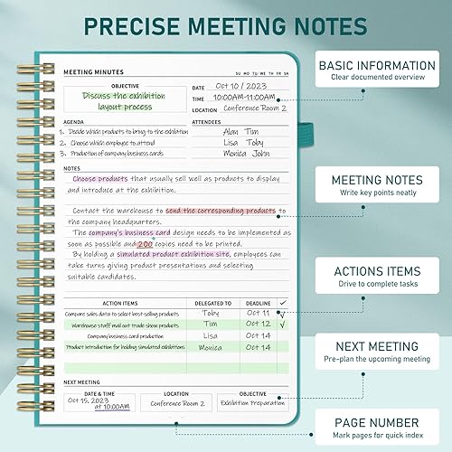Miniatura 3 de WEMATE Cuaderno de Reuniones para Trabajo B5 (7"x10") - Cuaderno de Trabajo de Cuero PU con Agenda, Elementos de Acción y Notas - 200 Páginas para