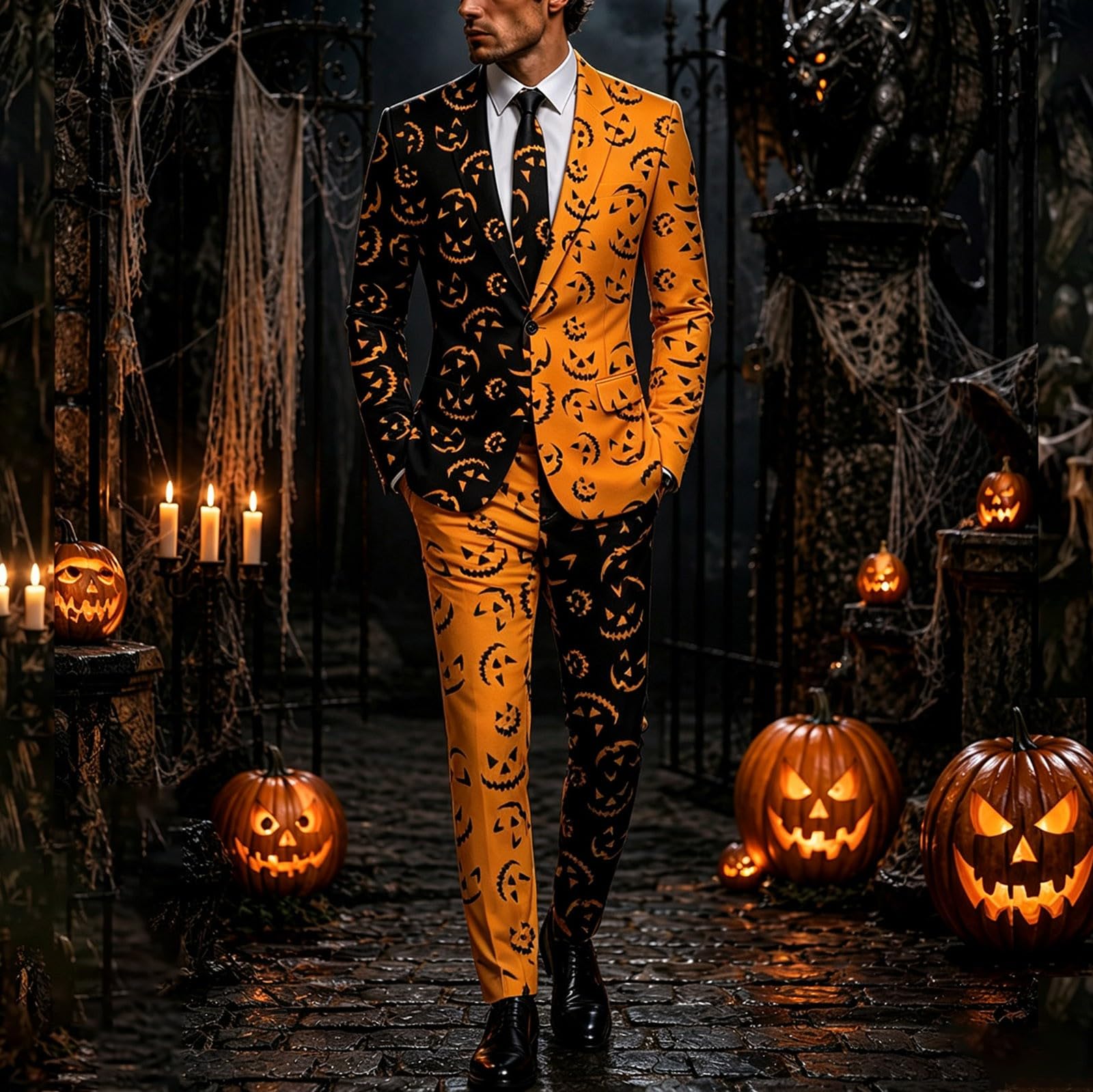 Tuta da uomo in 3 pezzi, motivo gotico con zucca e teschio, per Halloween | Tuta da uomo slim fit, moderna, con 2 bottoni, giacca, pantaloni e cravatte, per lavoro, matrimoni, feste, carnevale