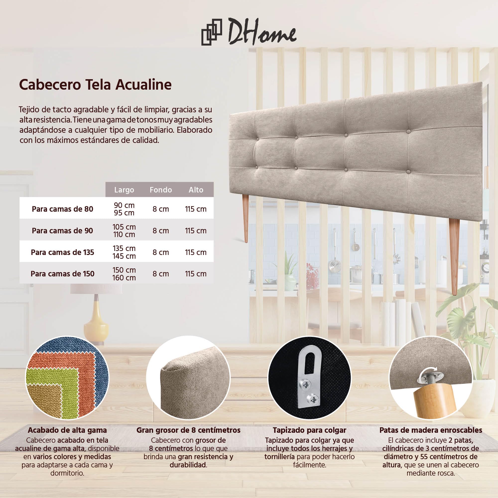 DHOME Testiera letto Capitoné. Testiera imbottita ACUALINE Tessuto e similpelle. Testate per letti matrimoniali e singoli (tessuto beige, 160x115cm con gambe (letti 150/160))