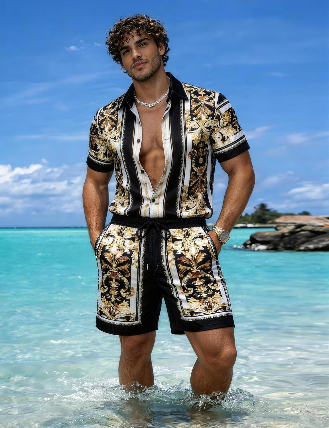 Mens Hawaiian Shirt Sets Satin Silk Casual Button Down Shirts 2 Piece Luxury Summer Beach Outfits for Men