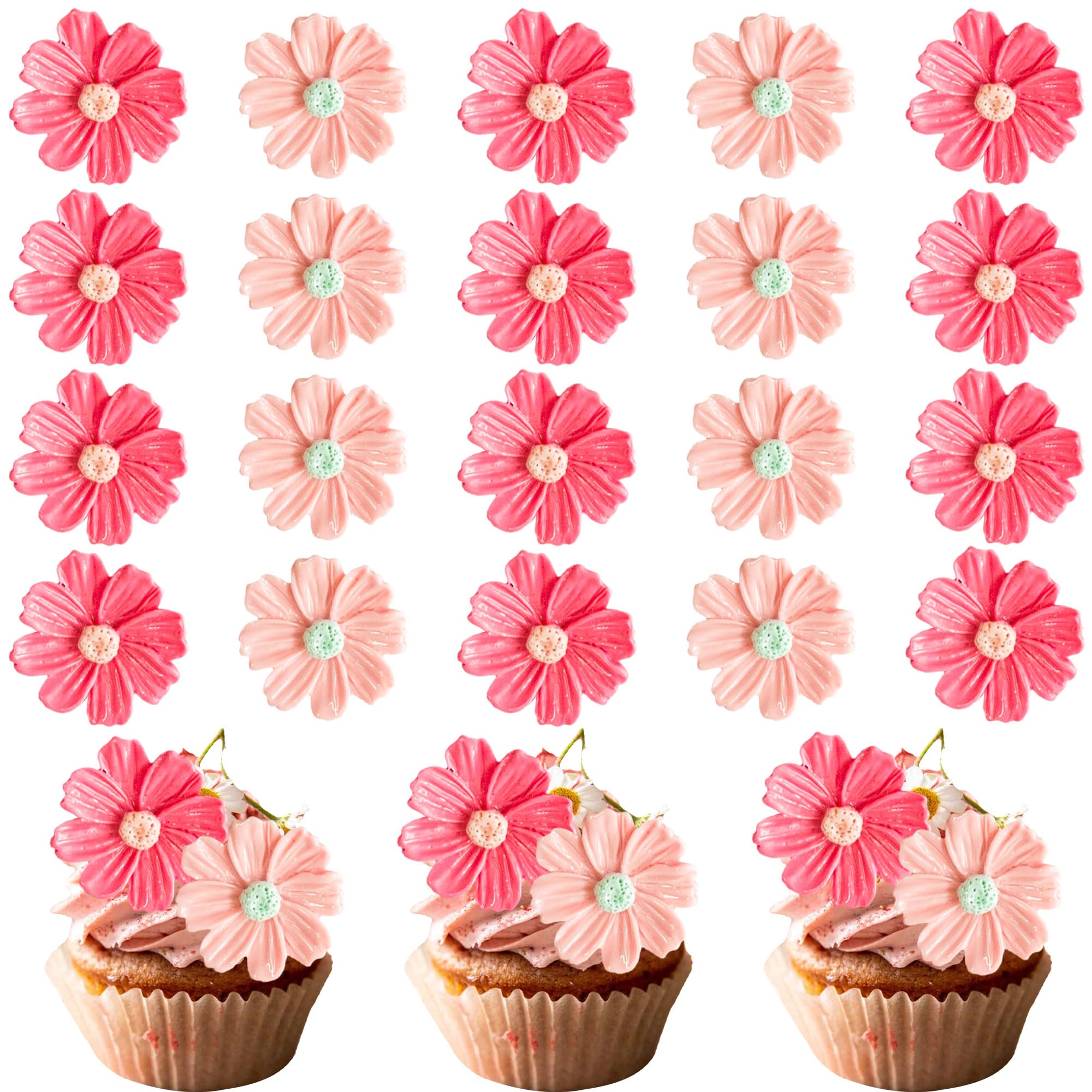 Gyufise 30Pcs Daisy Cupcake Toppers Chrysanthemum Flower Cupcake Picks Gender Reveal Cake Decorations for Baby Shower Gender Reveal Boys Girls Birthday Party Supplies Pink Rose Red 4