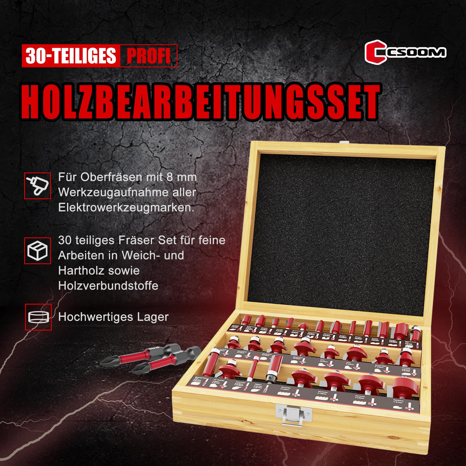 CSOOM - Juego de 30 fresas profesionales para el trabajo de la madera, con fresas de carburo, puntas de herramientas de carpintería, vástago de 8 mm, incluyendo una caja de madera para su