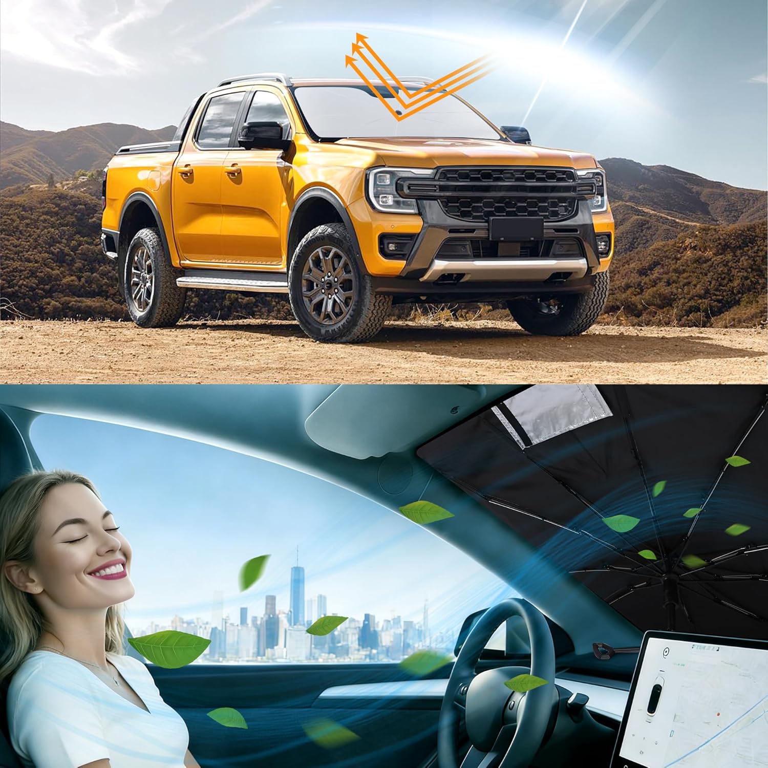 Windshield Sun Shade Umbrella Compatible with 2019-2024 2025 2026 Ford Ranger Accessories Custom Fit Sunshade Sun Visor Heat Protection Keep Car Interior Cool