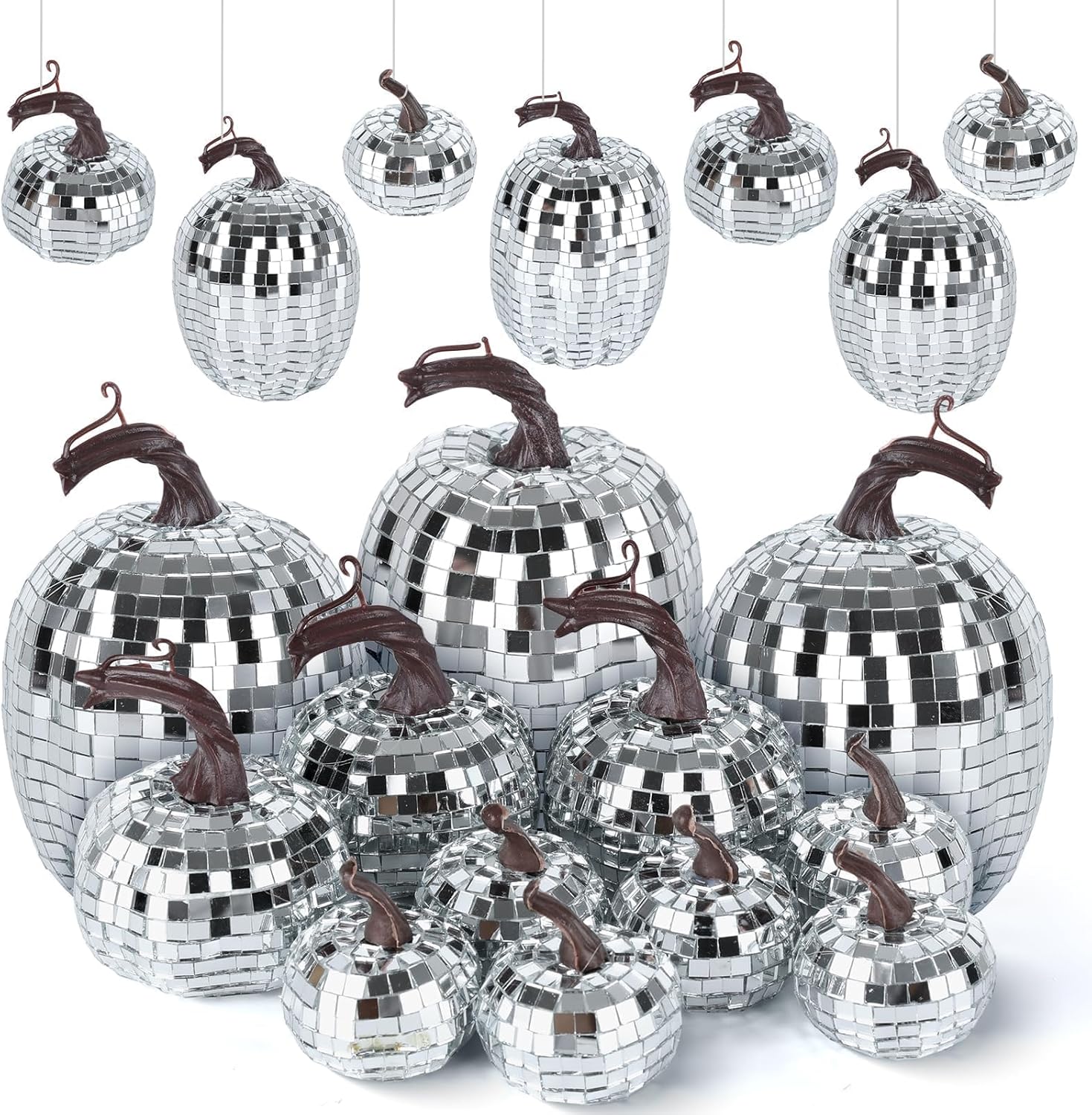 YLOLUL 12 Pcs Large Disco Sliver Pumpkin Set Artificial Glitter Mirror Fall Thanksgiving Pumpkin Decoration Harvest Sparkly Disco Assorted Pumpkins for Autumn Farmhouse Halloween Home Decorations Silver 6